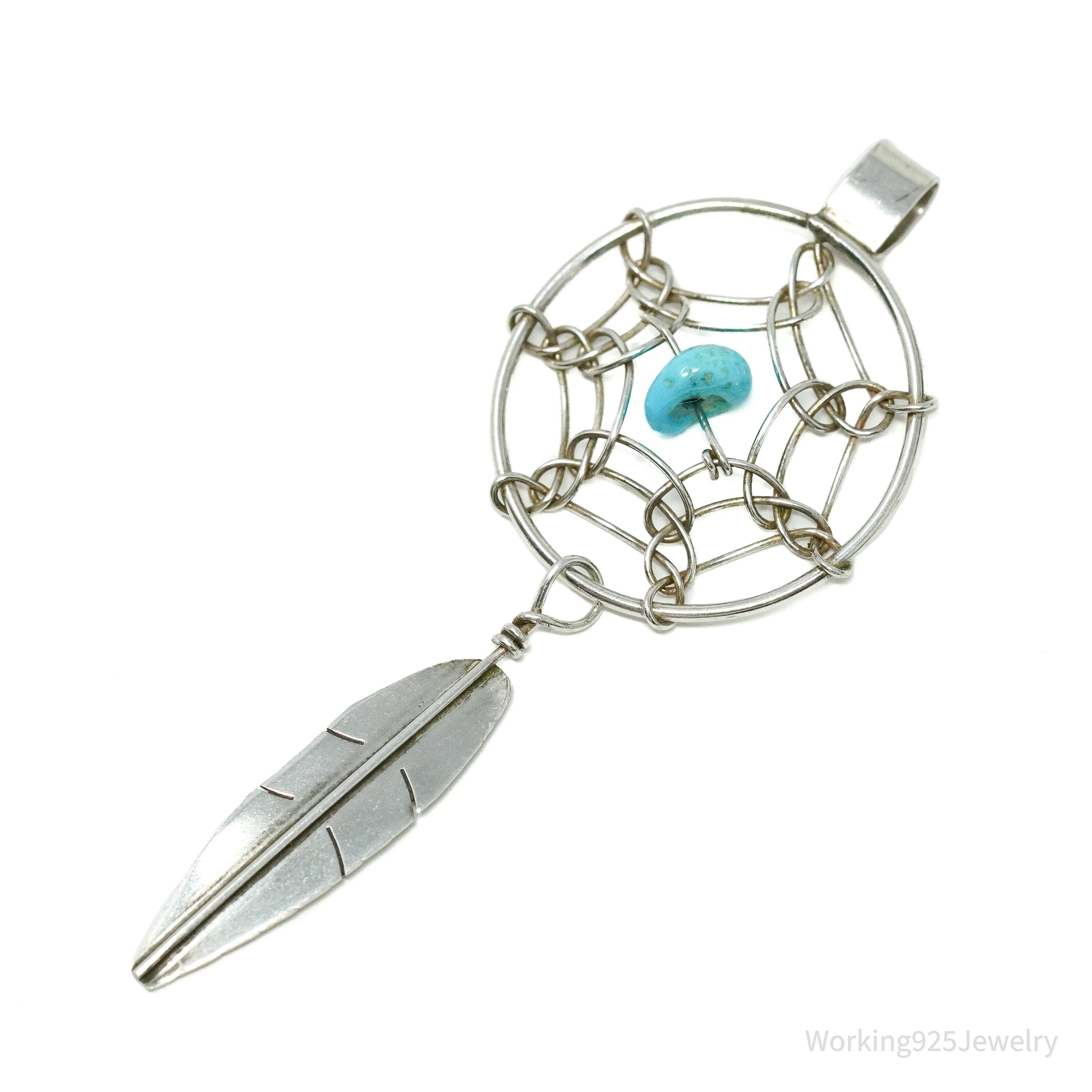 Vintage Native American Turquoise Dreamcatcher Silver Pendant
