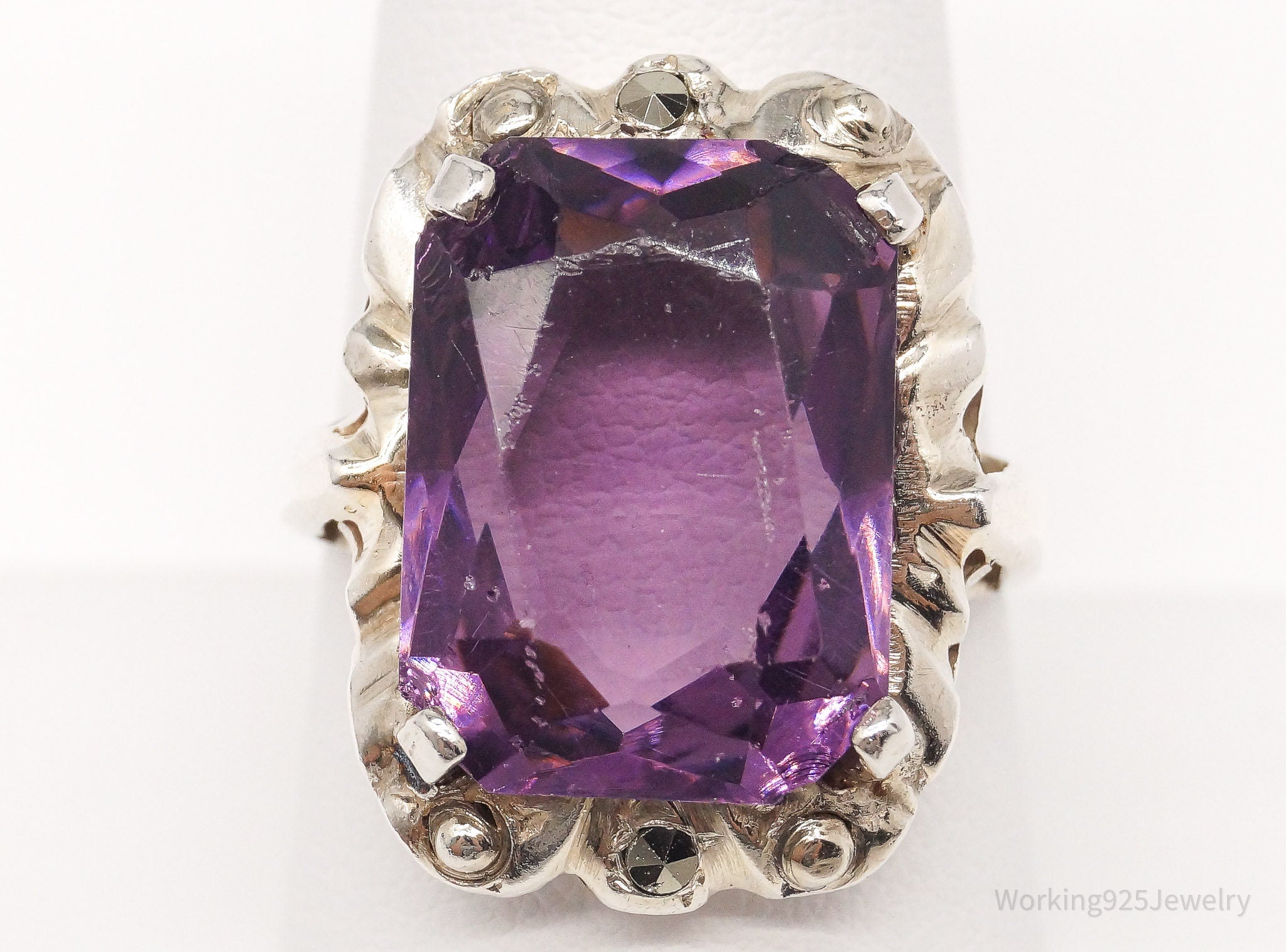 Antique Edwardian Purple Art Glass Marcasite Silver Ring - Size 9.5