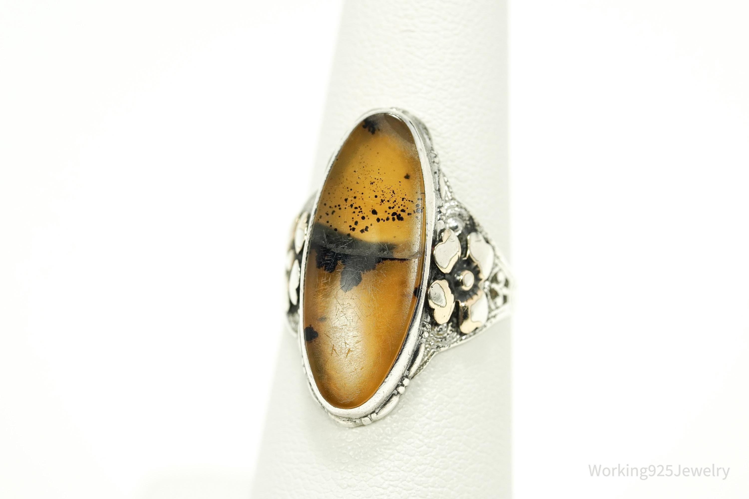 Antique Edwardian Ostby & Barton Agate Sterling Silver Ornate Ring Size 6.25