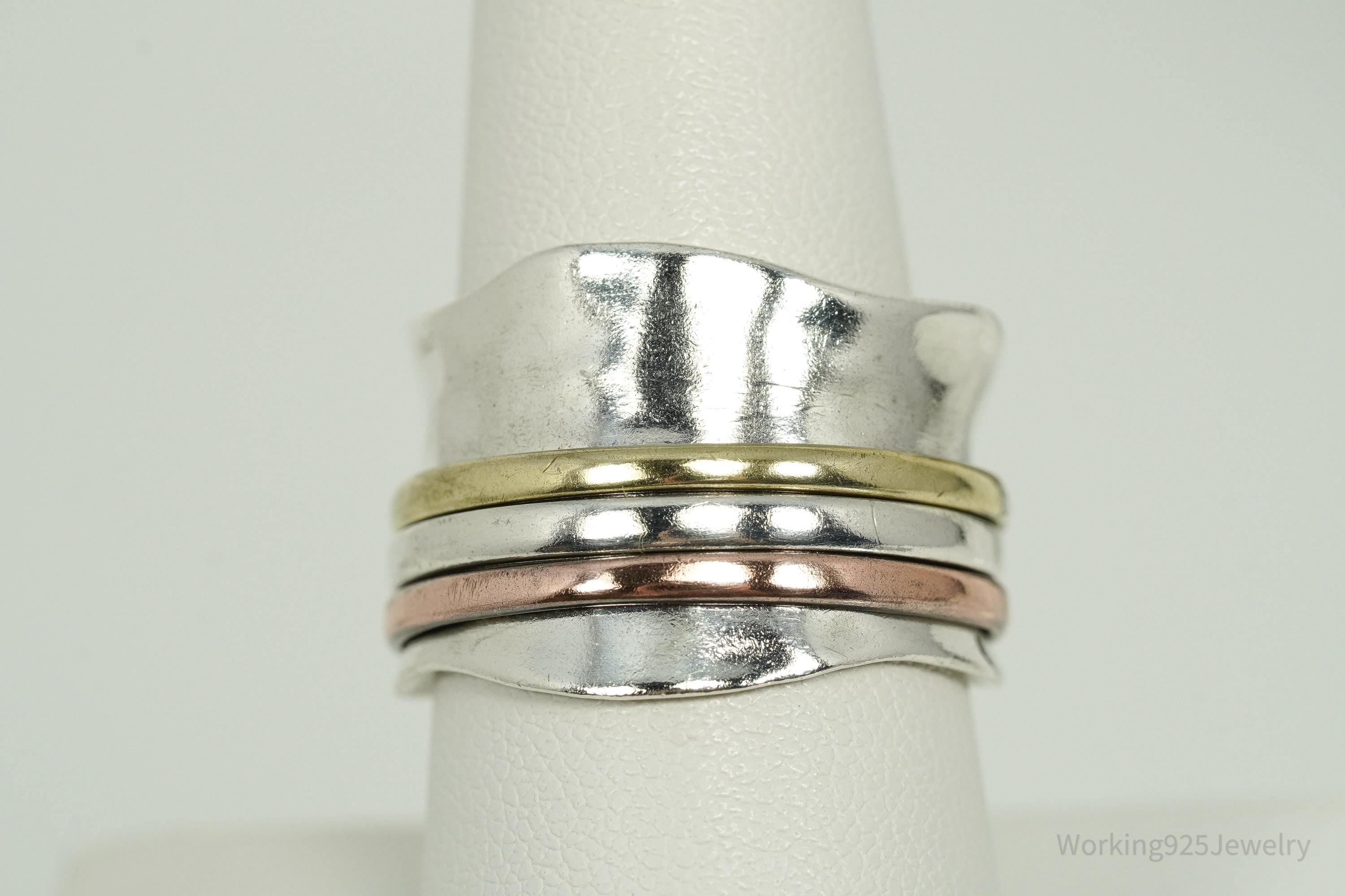 Vintage Brass & Copper Sterling Silver Spinner Band Ring- Size 8.25