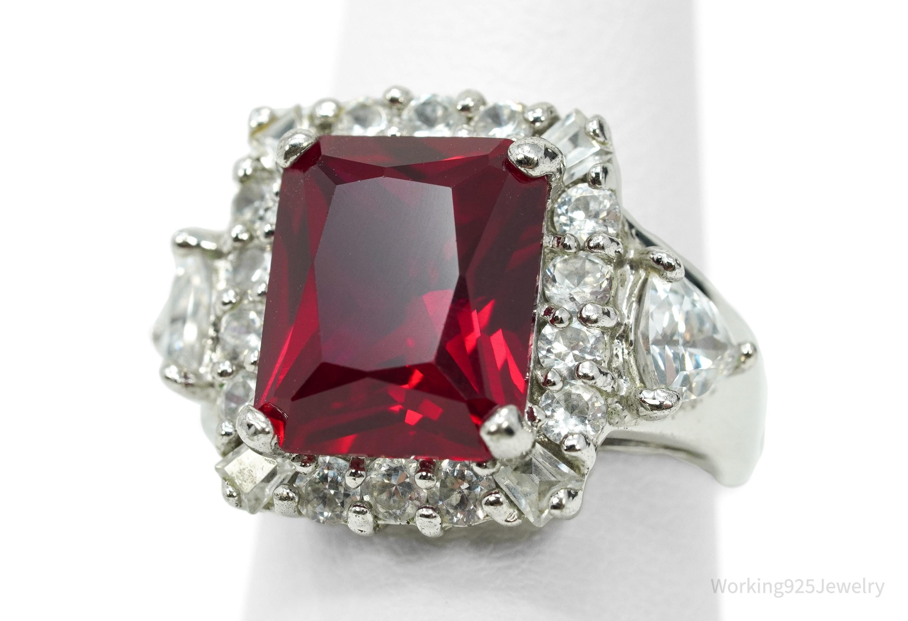 Vintage Lab Ruby & Cubic Zirconia Sterling Silver Ring - Size 6
