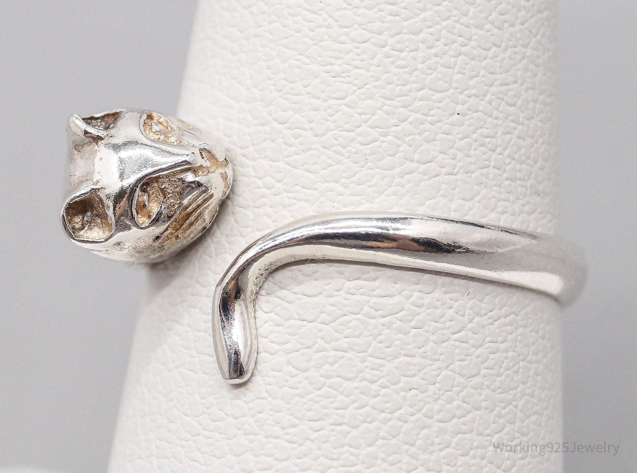 Vintage Cat Kitten Sterling Silver Wrap Ring - Size 7 Adjustable