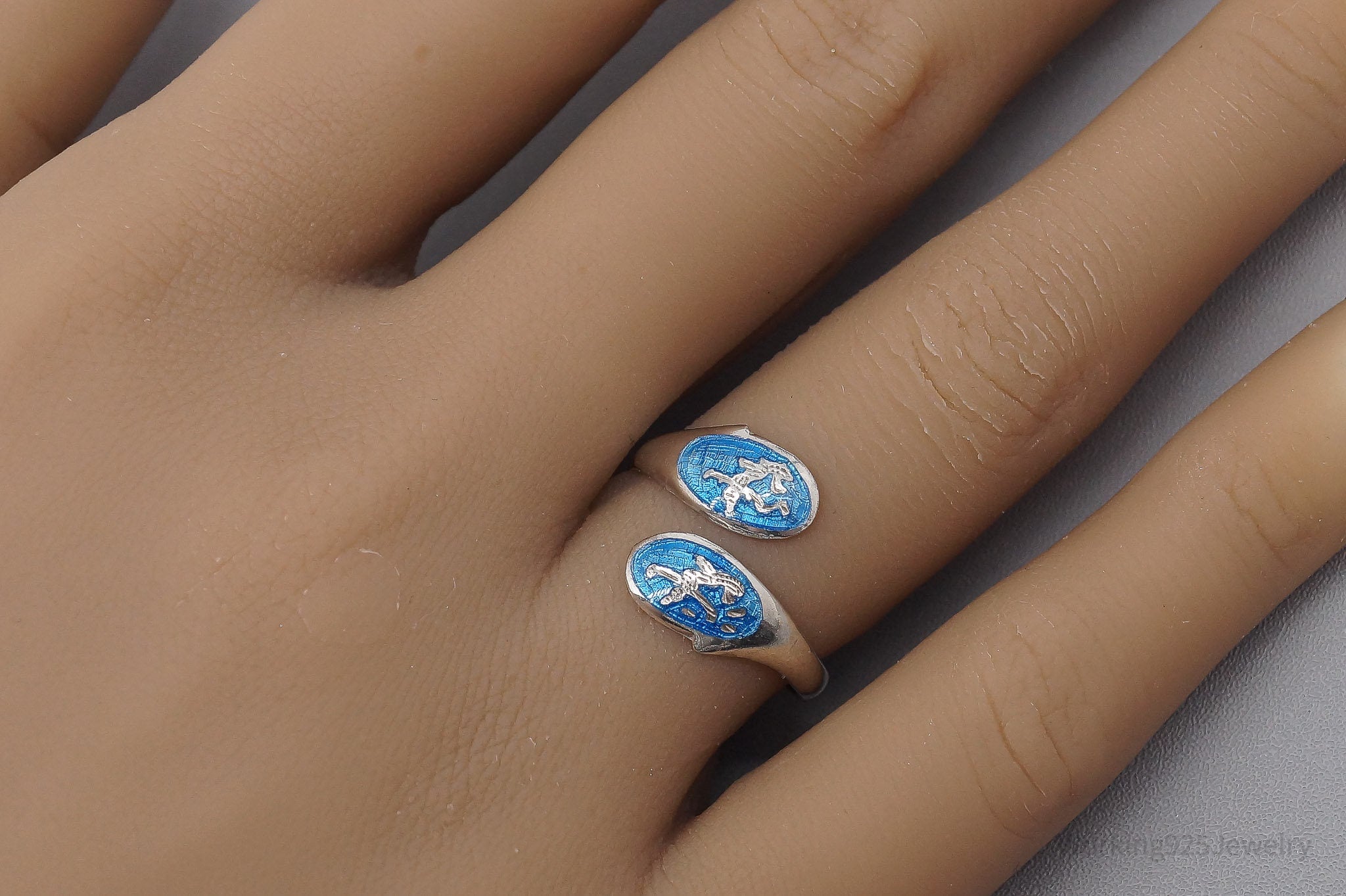 Vintage Blue Enamel Dancers Sterling Silver Wrap Ring - Size 7.25 Adjustable