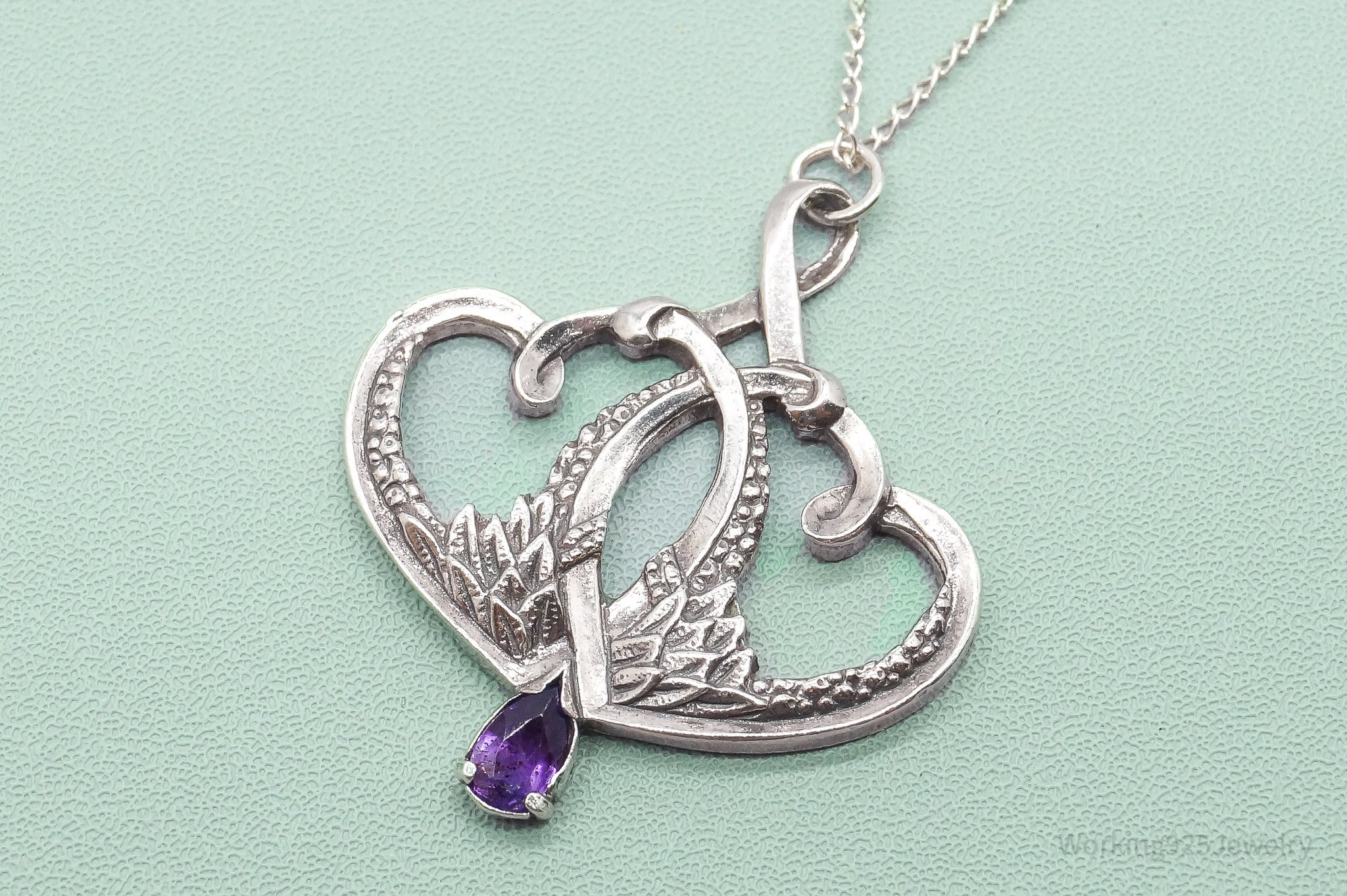 Vintage 1893 GRADH Franklin Mint Double Heart Amethyst Sterling Silver Necklace