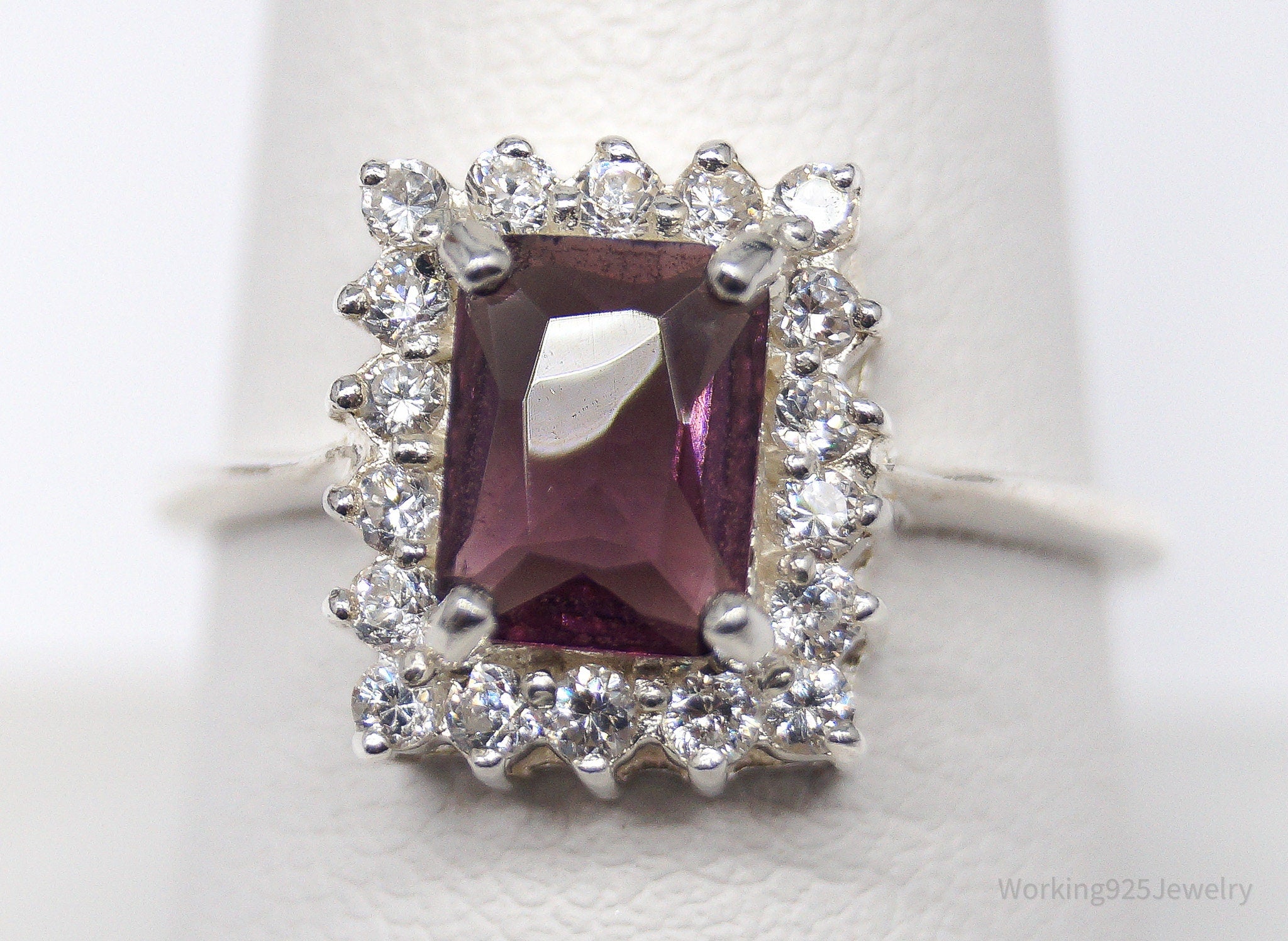 Vintage Amethyst Cubic Zirconia Sterling Silver Ring - Size 8.75