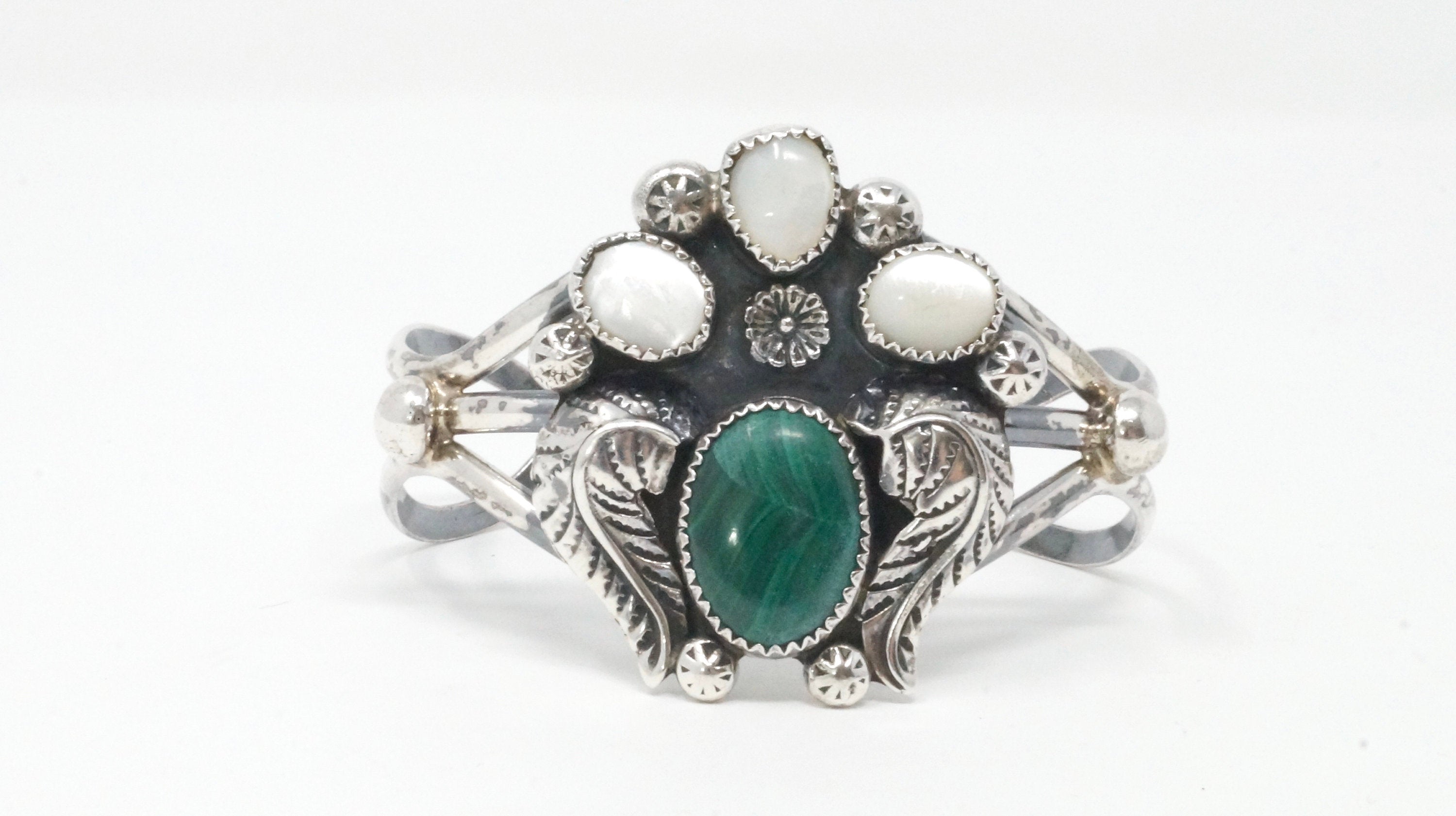 Vintage Malachite Mother of Pearl Sterling Silver Feather Design Cuff Bracelet