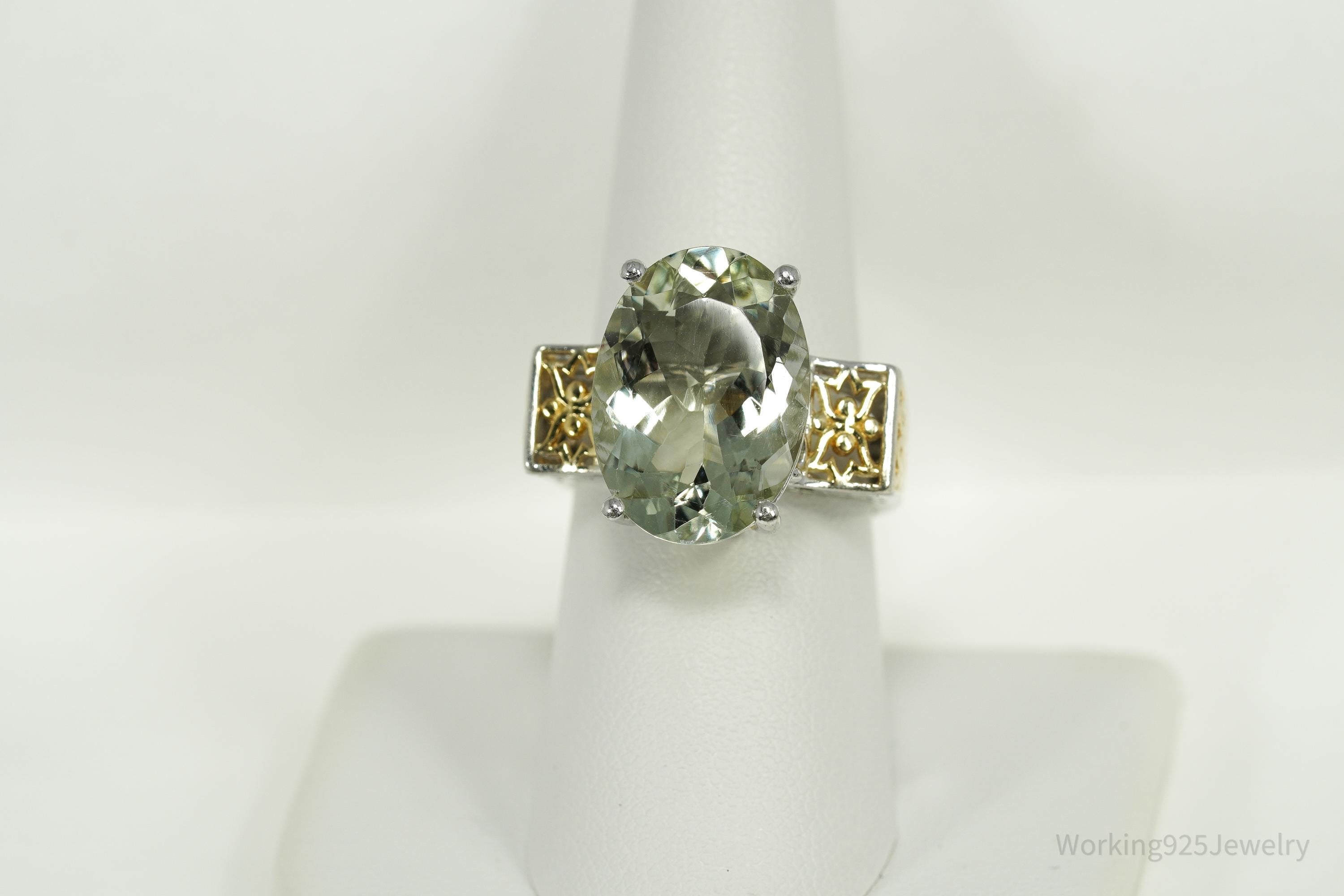 Vintage Chuck Clemency Large Prasiolite Gold Vermeil Sterling Silver Ring - Size 8.25