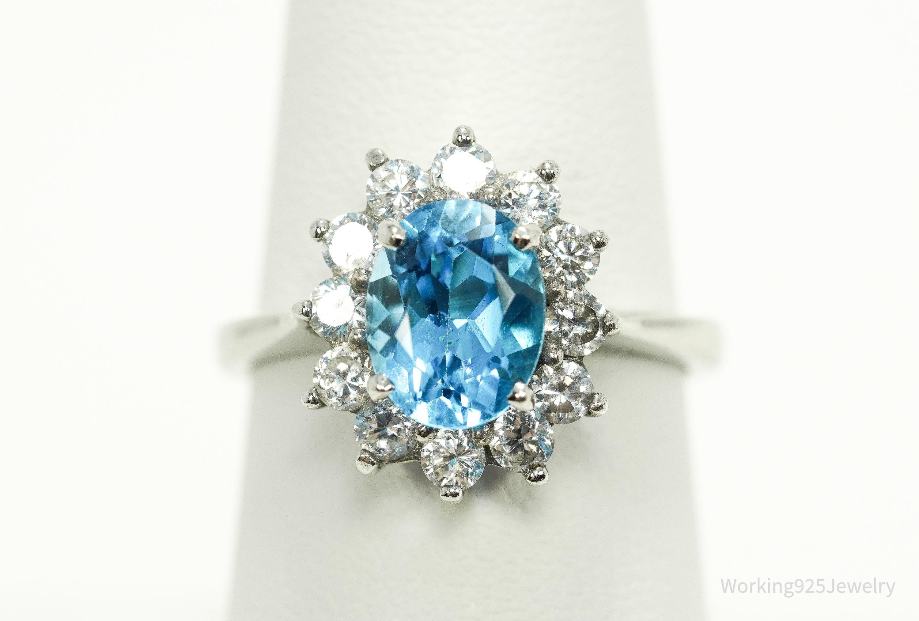 Vintage Blue Topaz & Cubic Zirconia Sterling Silver Ring - Size 7.75
