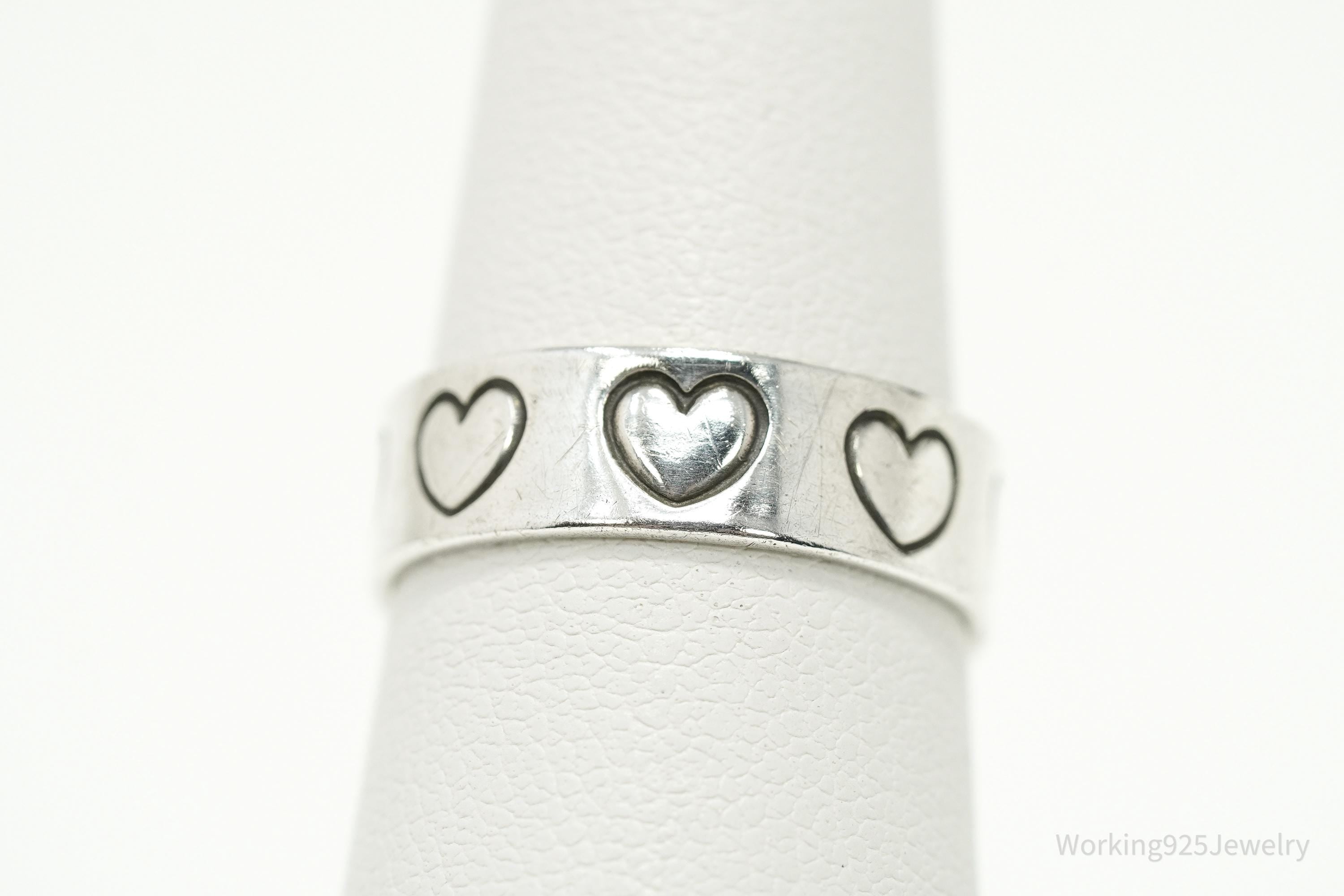 Vintage Heart Pattern Sterling Silver Band Ring - Size 6.75