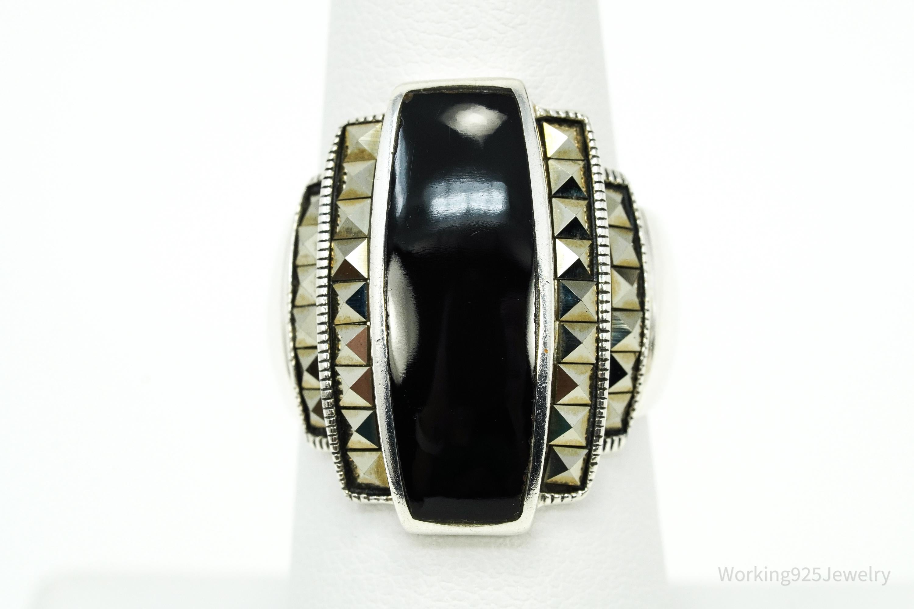 Vintage CFJ Black Onyx & Marcasite Sterling Silver Ring - Size 7