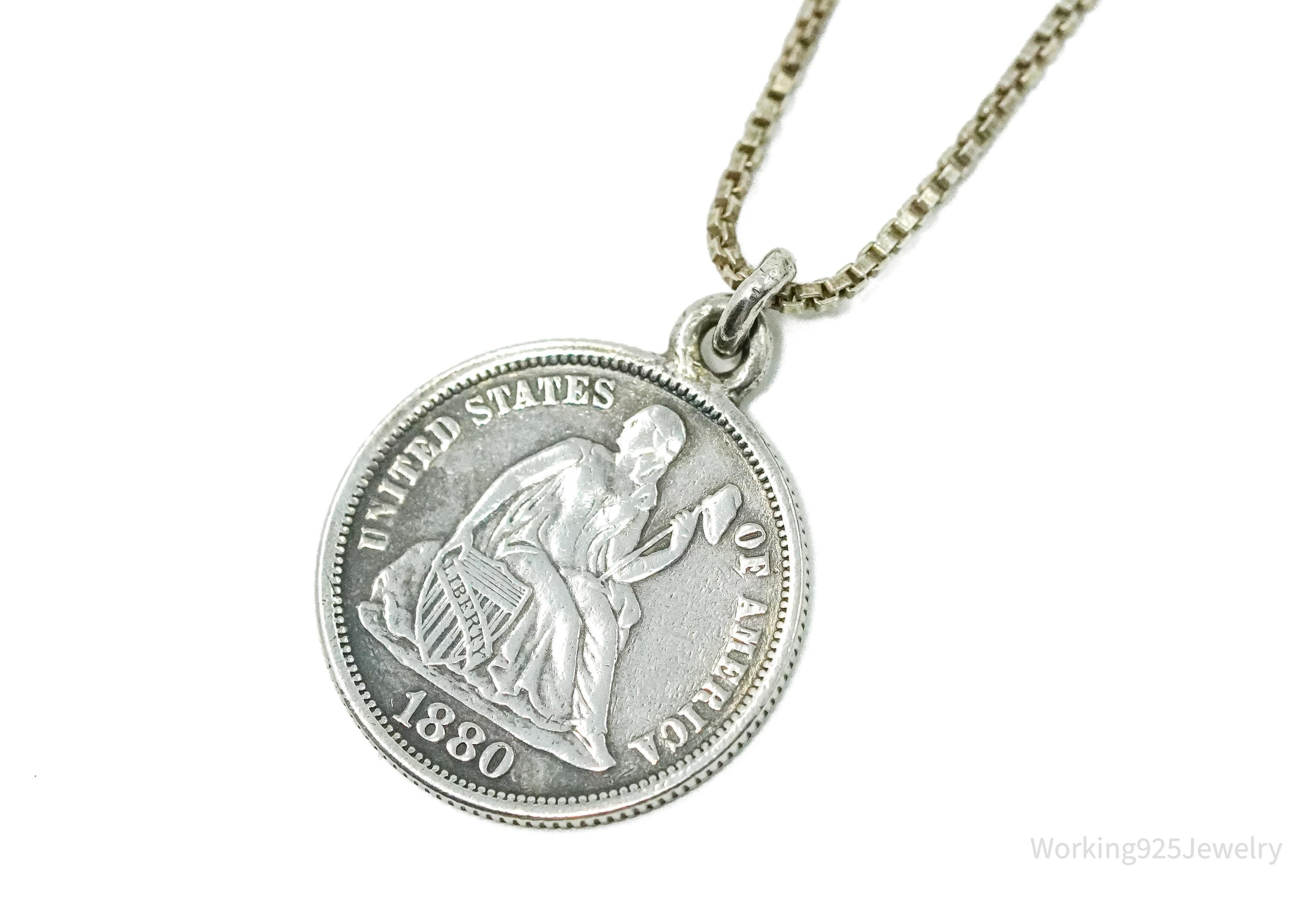 Antique Vintage 1880 Seated Liberty Dime Coin Sterling Silver Chain Necklace - 16"