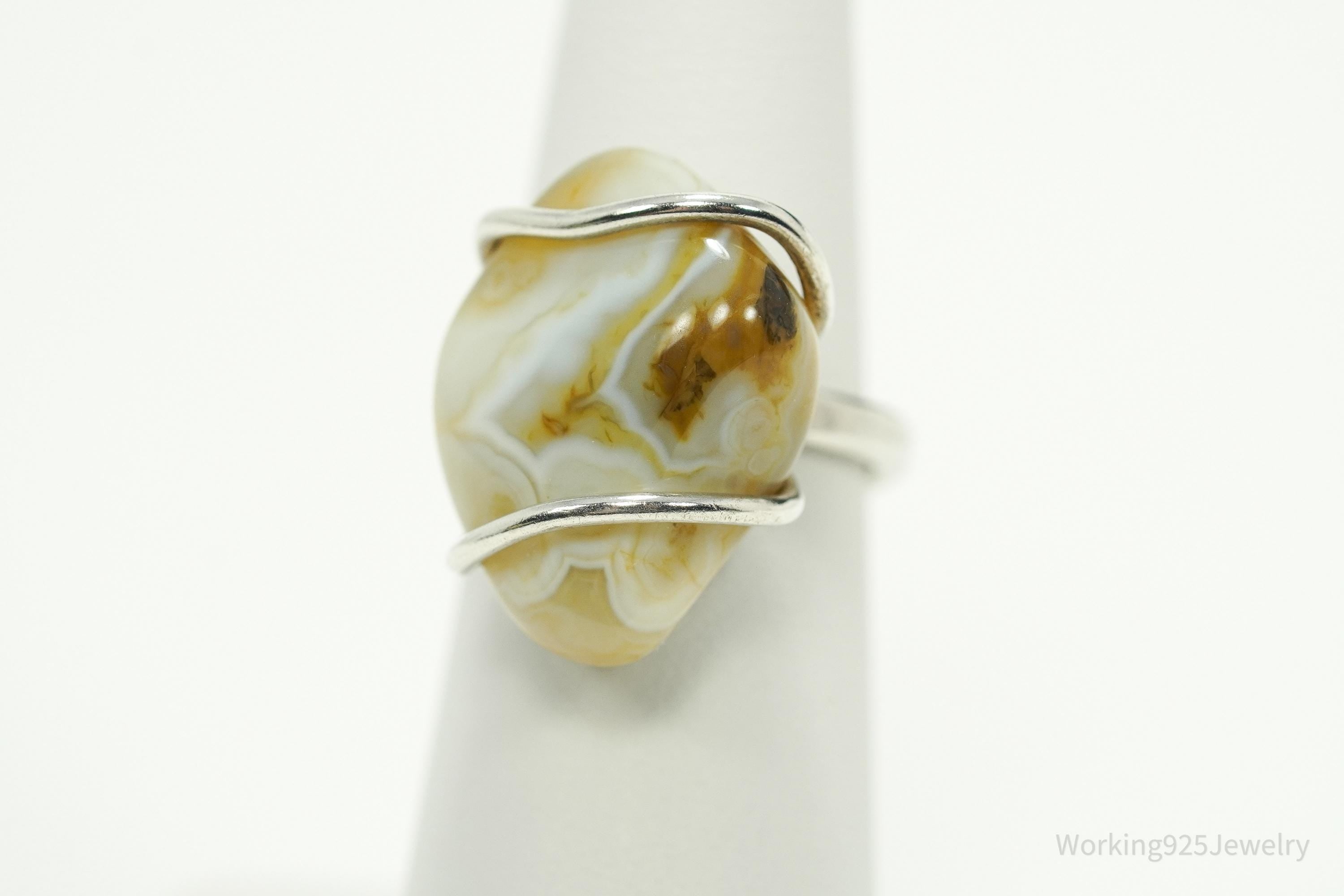 Vintage Lace Agate Silver Ring - Size 6