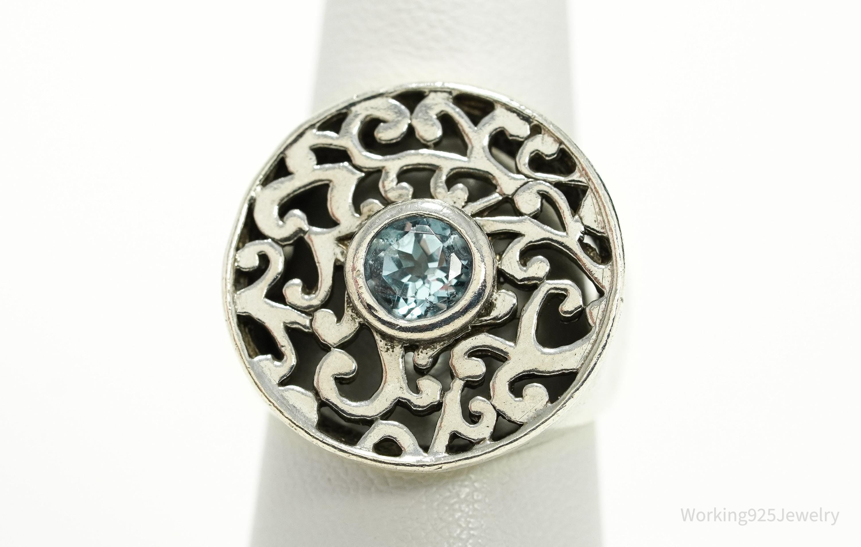 Vintage Blue Topaz Filigree Sterling Silver Ring - Size 7