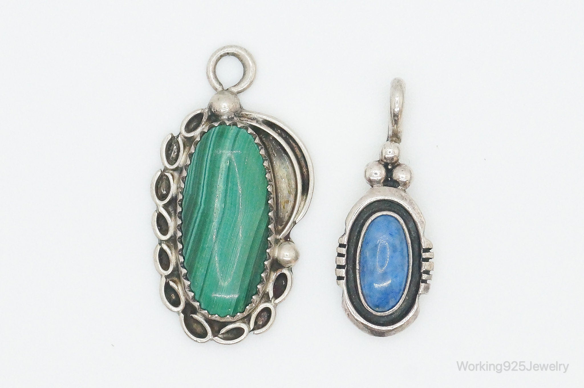 Vintage Native American Malachite Lapis Lazuli Sterling Silver Charm Pendants