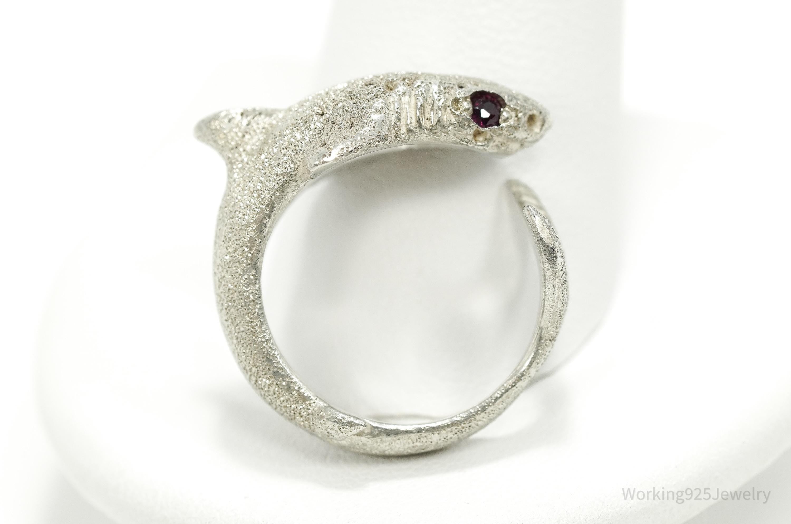 Vintage Ruby Eyed Shark Sterling Silver Wrap Ring - Size 6.25