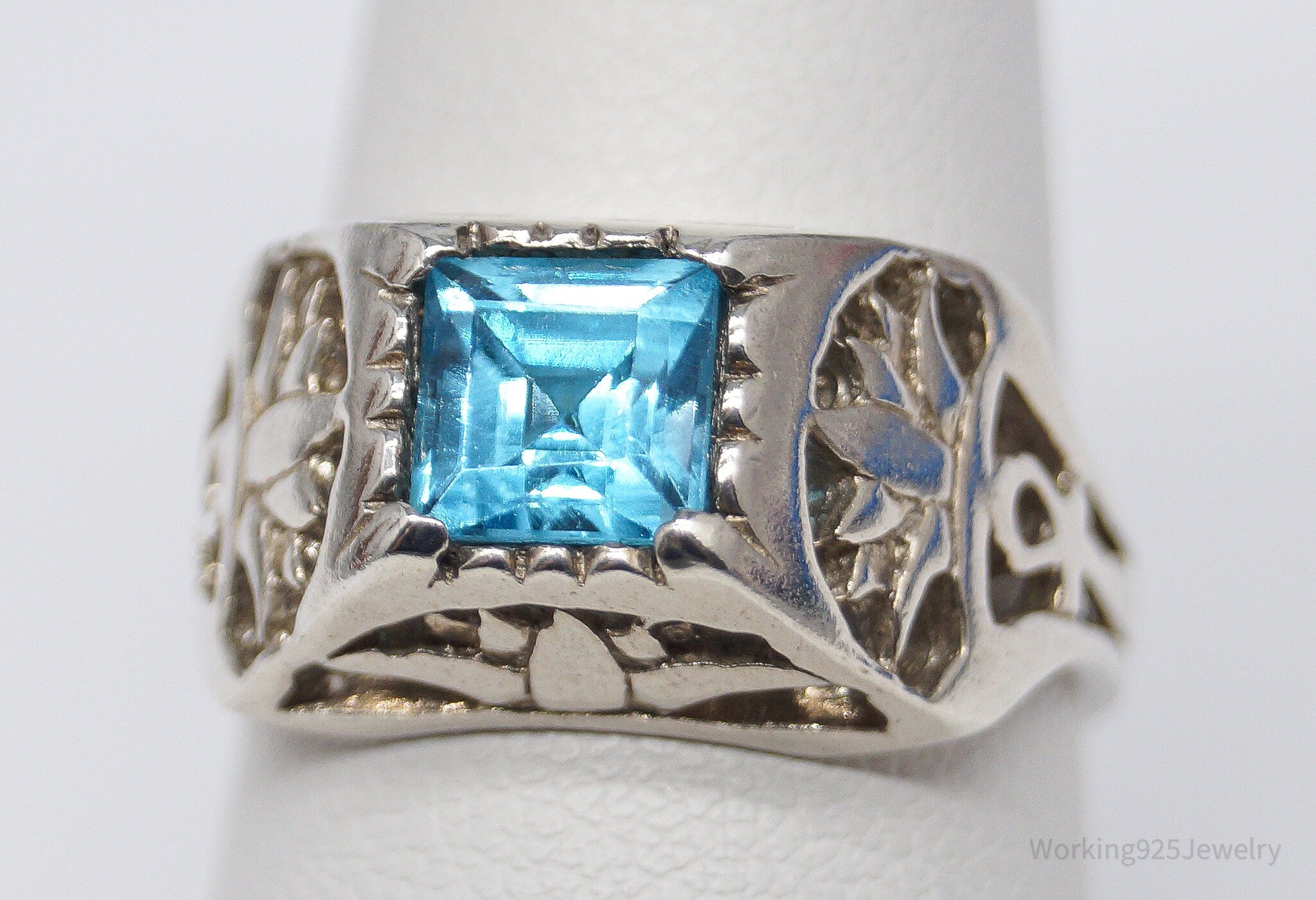 Vintage Blue Topaz Ankh Cross & Lotus Sterling Silver Ring - Size 7.75