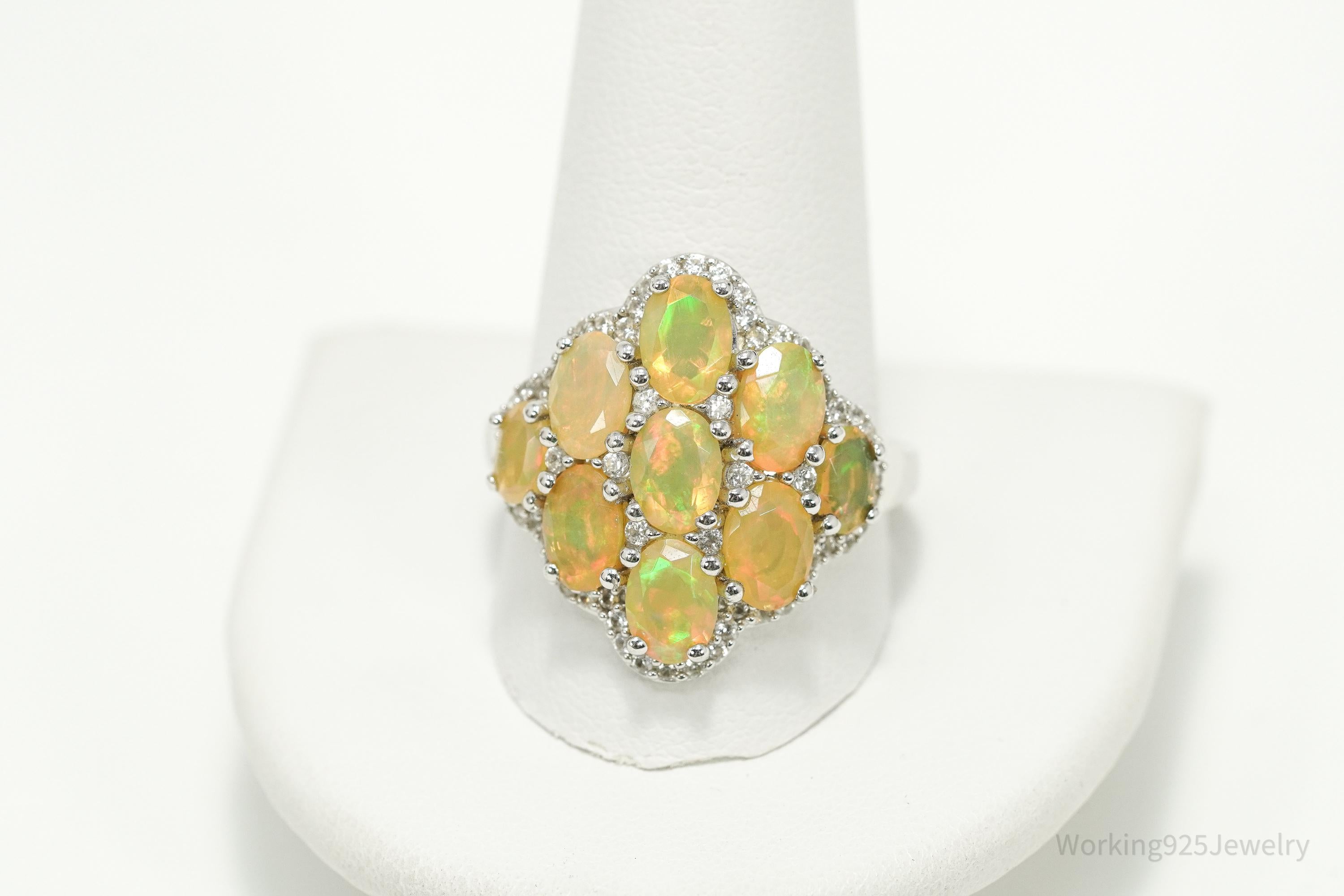 Opal & White Zircon Rhodium Sterling Silver Cocktail Ring Size 11.75