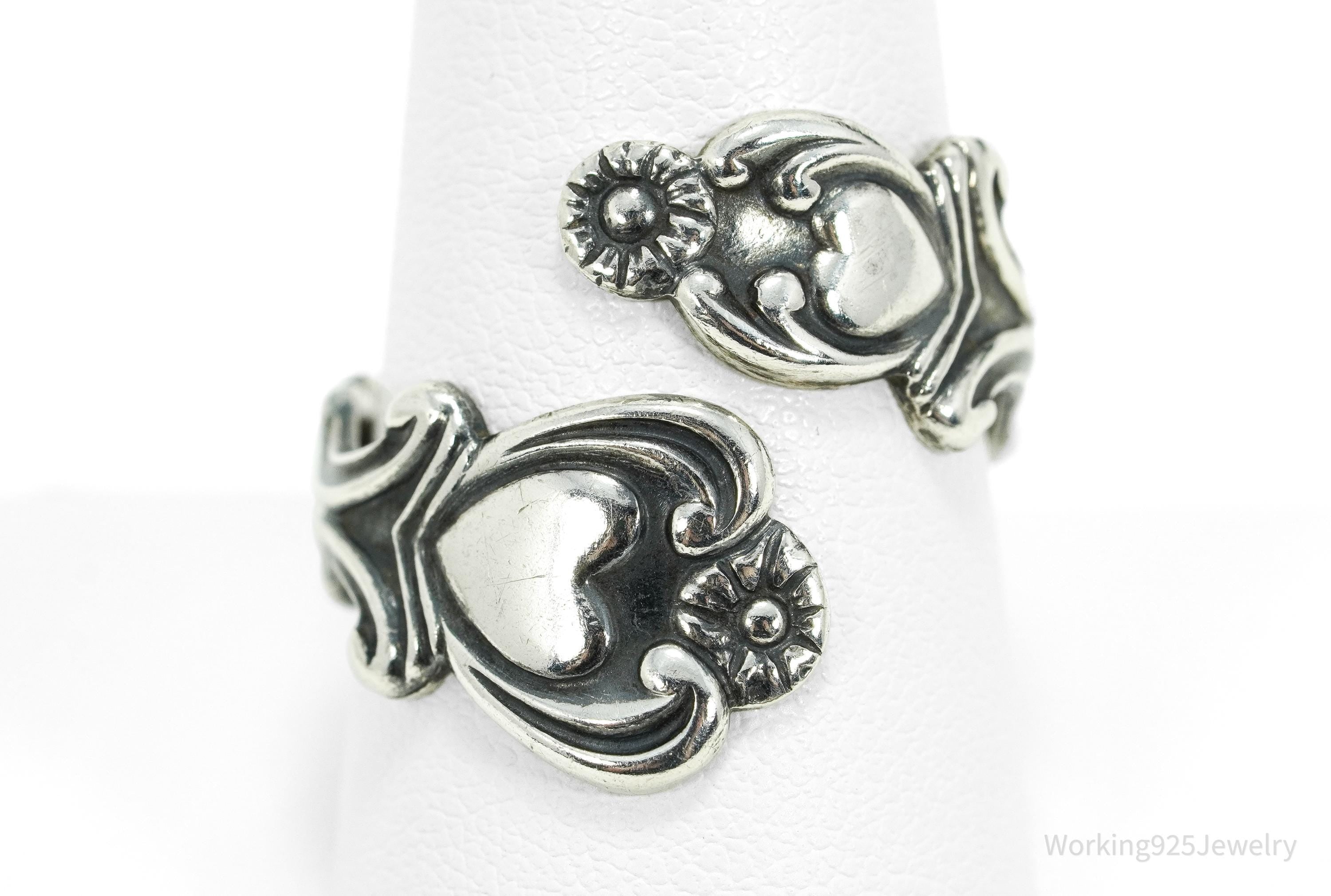 Vintage Avon Hearts & Flowers Sterling Silver Adjustable Wrap Spoon Ring - Size 10.25