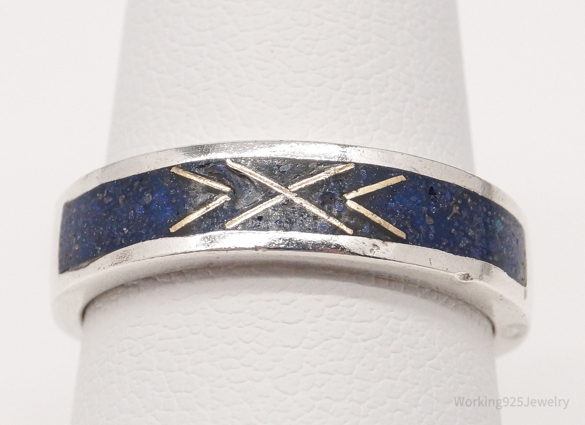 Vintage Native American Lapis Lazuli Inlay Gold Silver Ring Size 6.75