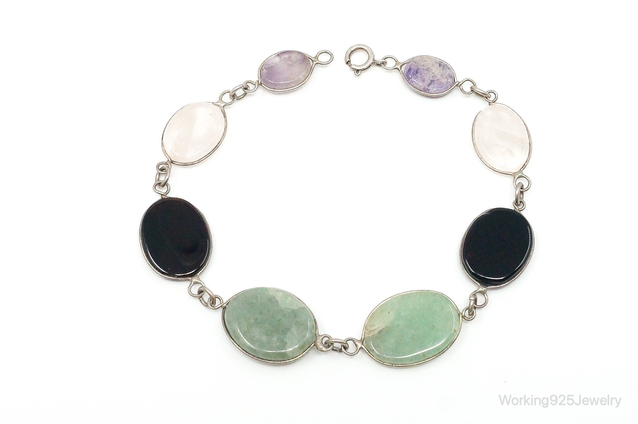 Vintage Moonstone Onyx Jade Sterling Silver Gemstone Bracelet