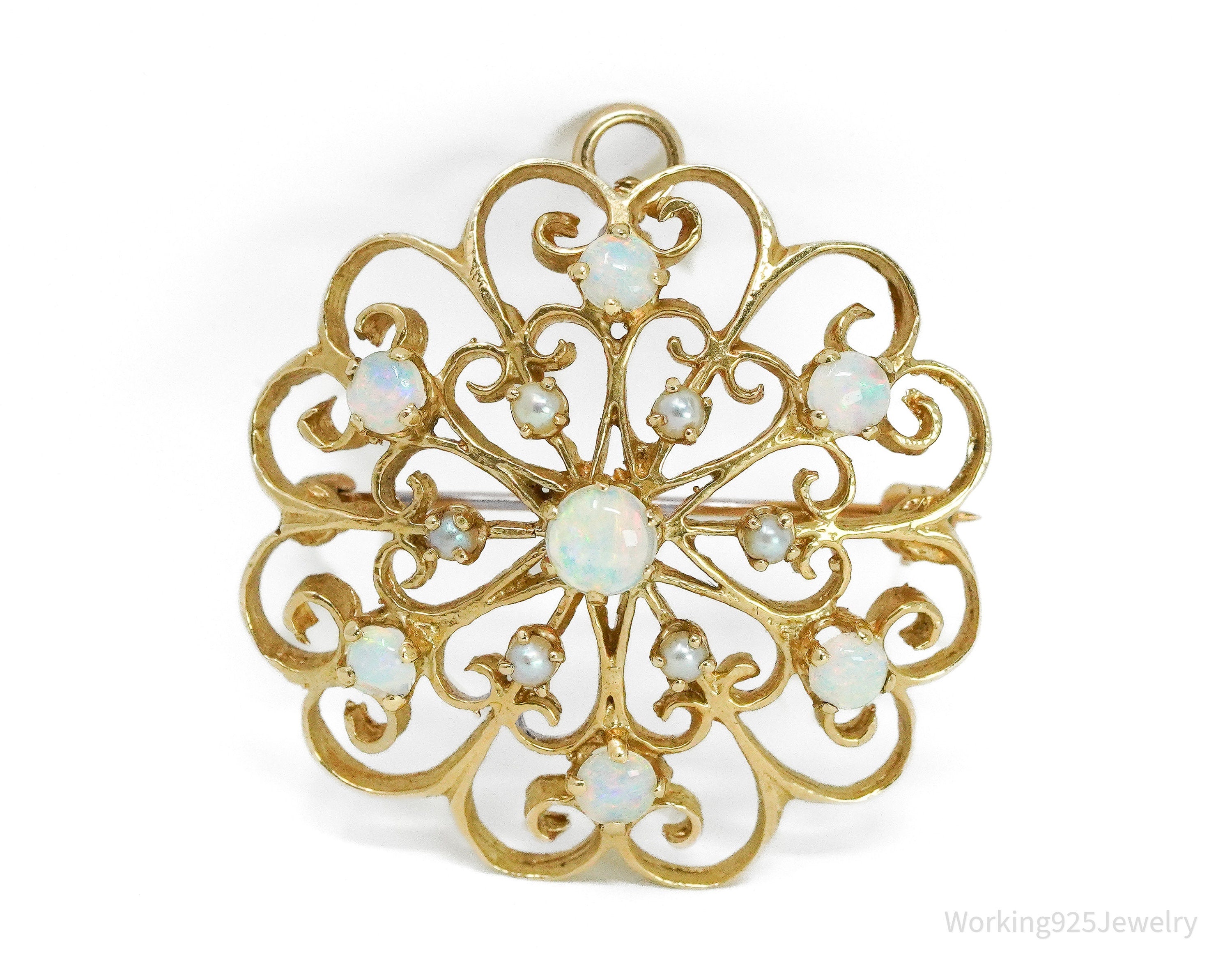 Antique 14K Yellow Gold Opal & Pearl Brooch Pin Pendant