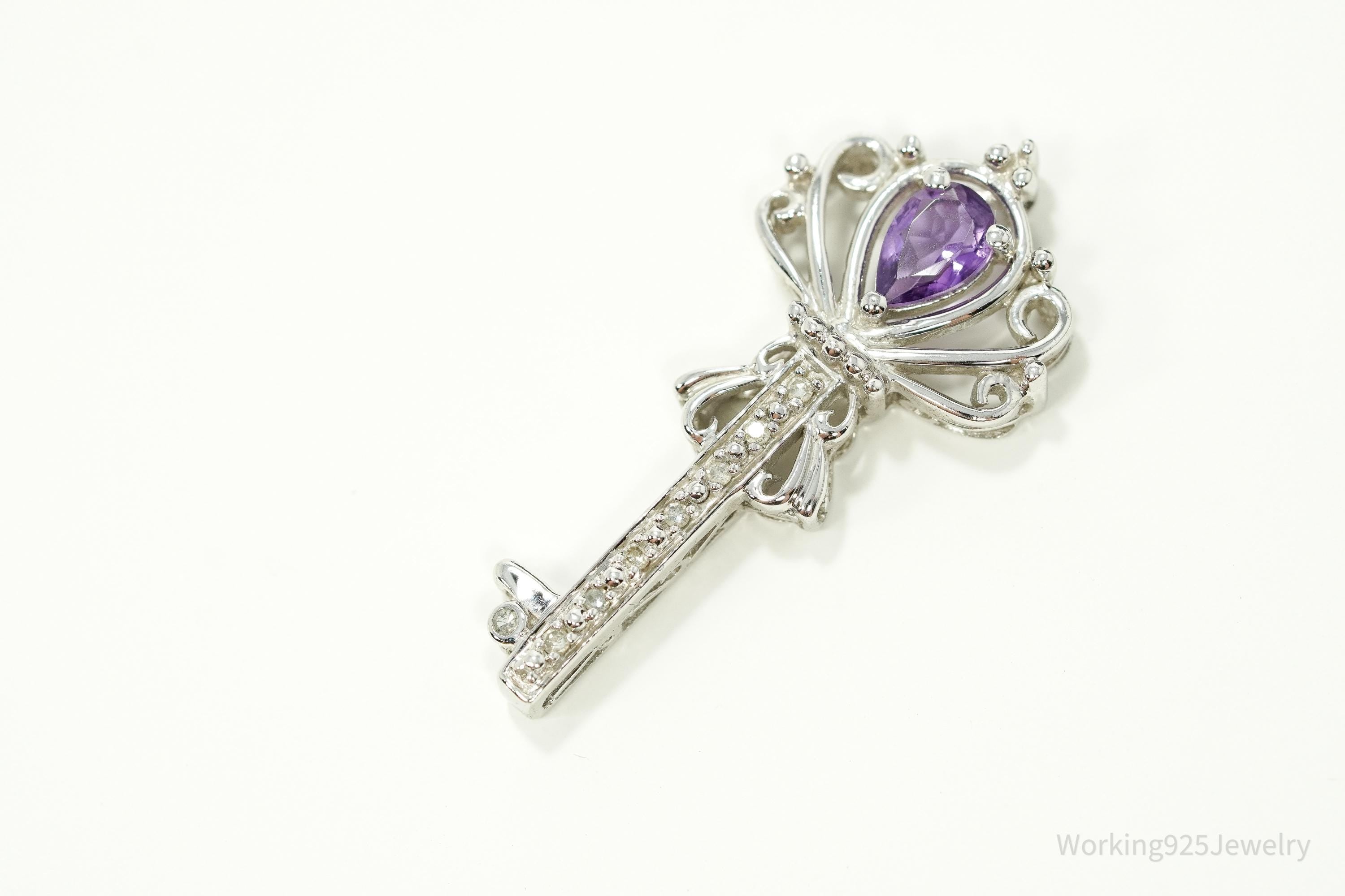 Vintage Large Designer Amethyst & Diamond Skelton Key Sterling Silver Necklace Pendant