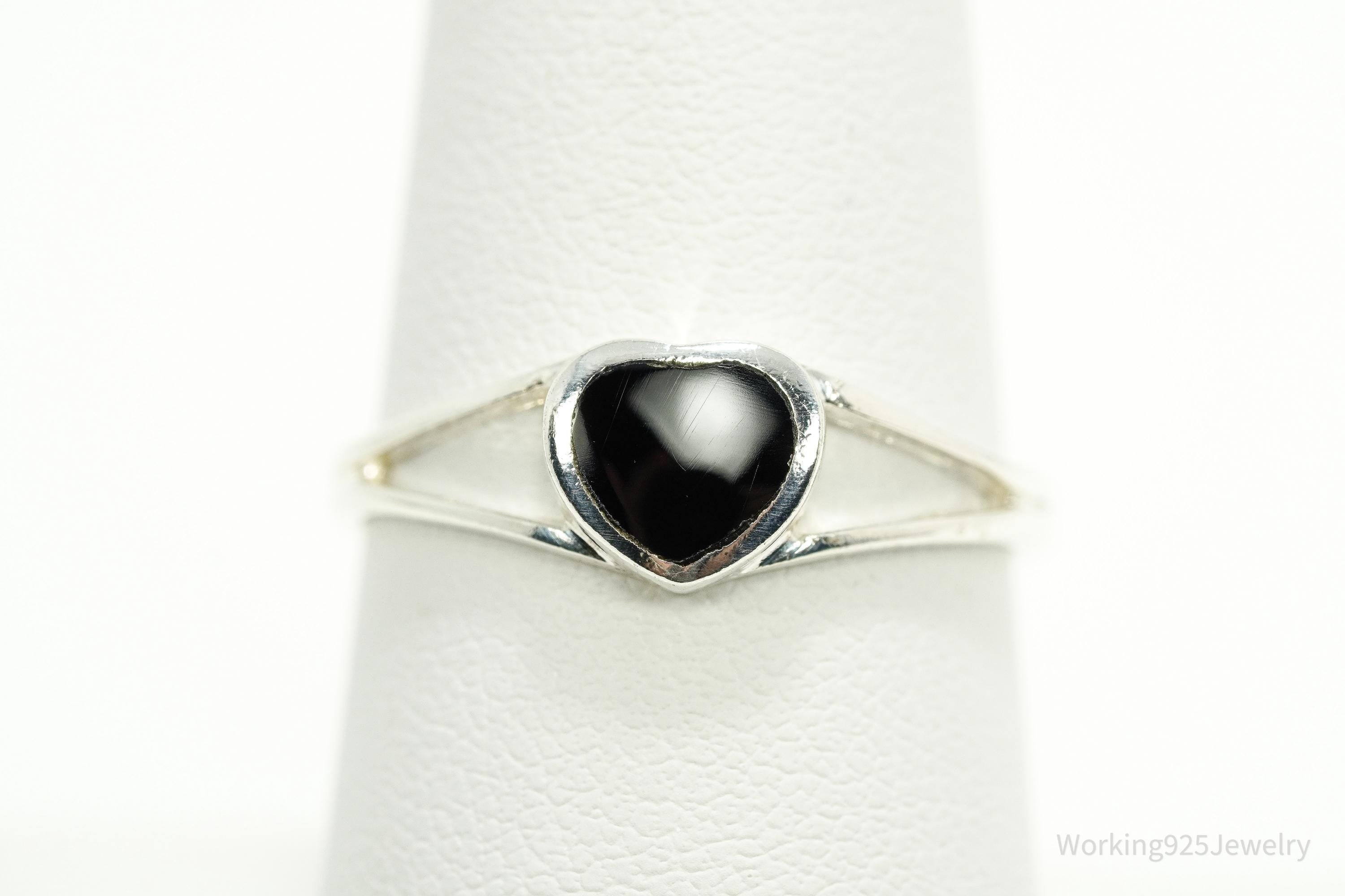 Vintage Black Onyx Inlay Heart Sterling Silver Ring - Size 8