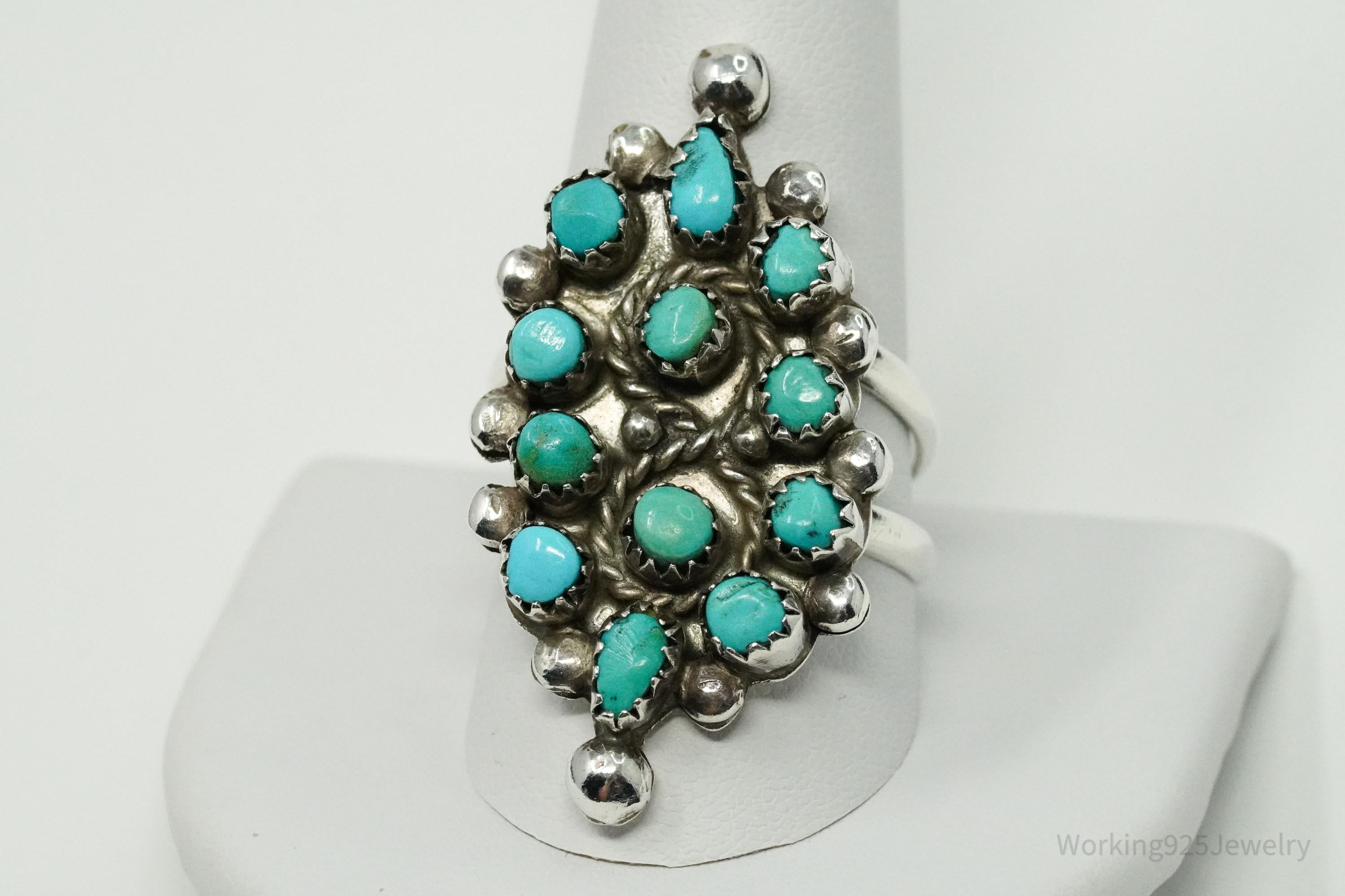 Vintage Handmade Native American Turquoise Inlay Unsigned Silver Ring - Size 10.75