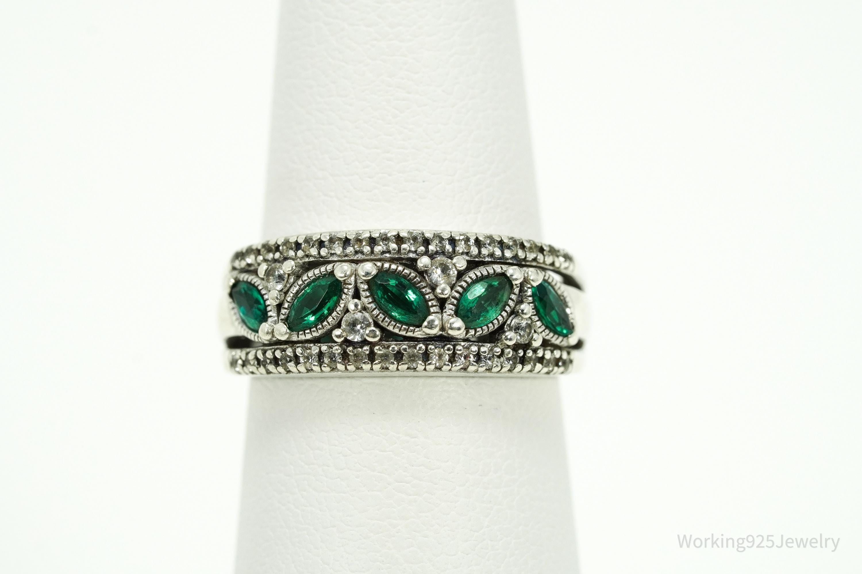 Vintage Emerald & White Sapphire Sterling Silver Ring - Size 6