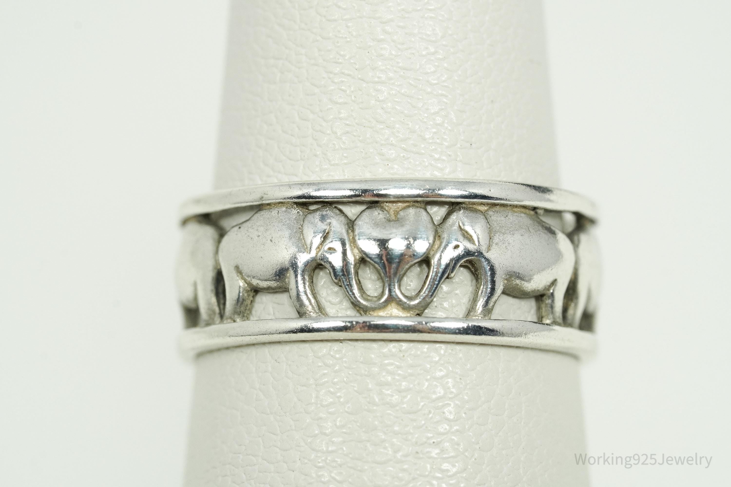 Vintage Elephants Sterling Silver Band Ring - Size 6.25
