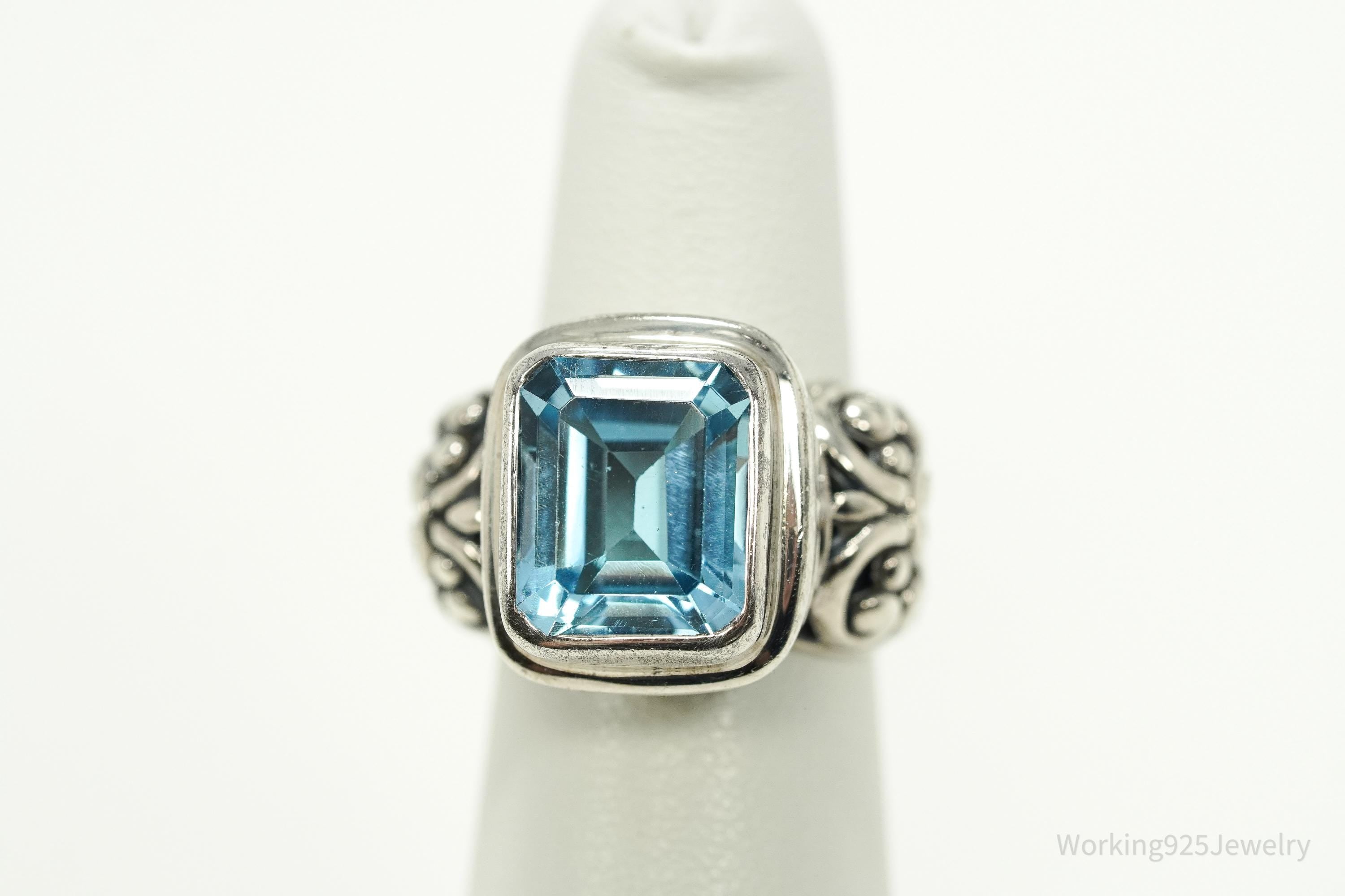 Vintage Large Blue Topaz Sterling Silver Ornate Ring - Size 5.25