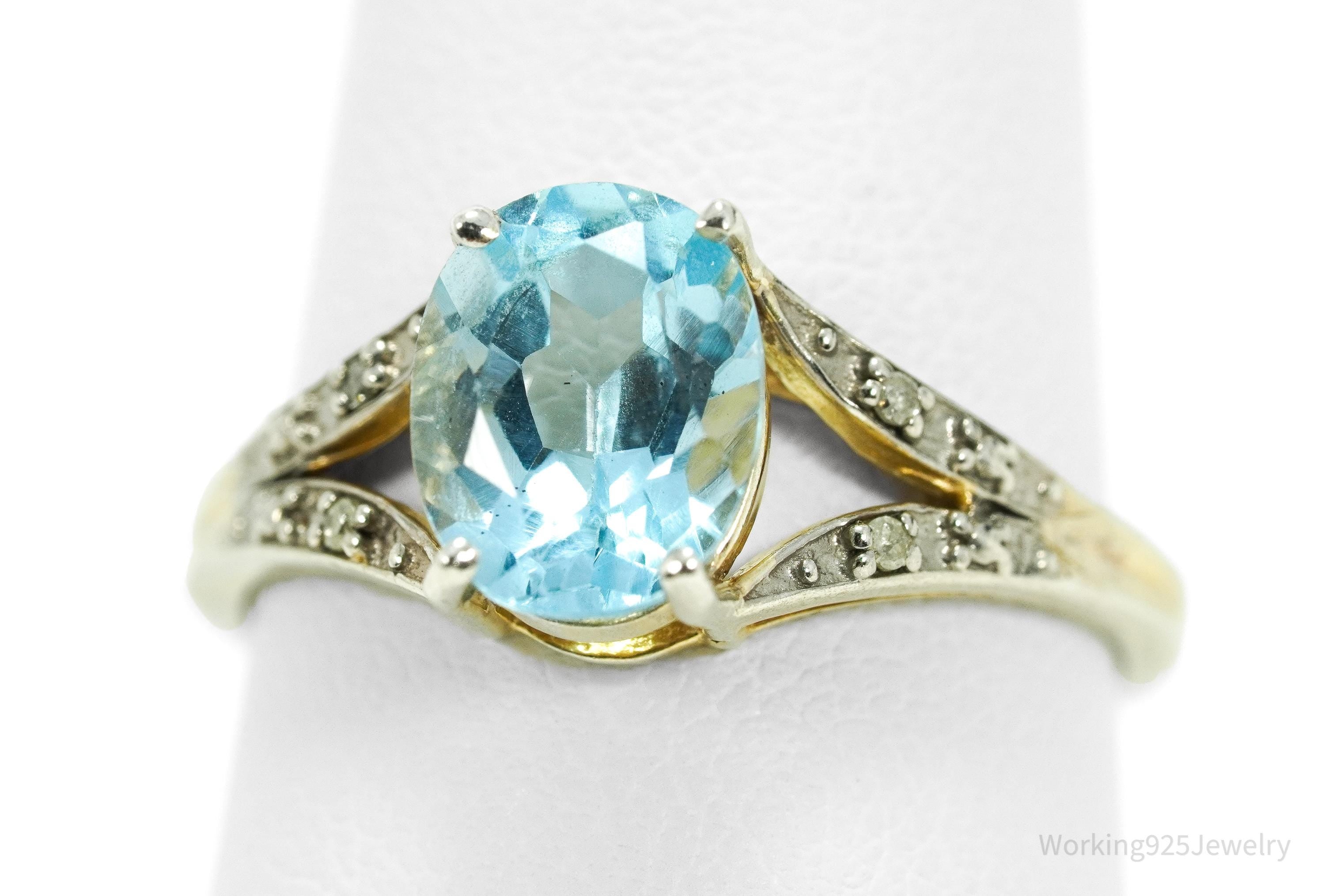 Vintage Blue Topaz & Diamond Gold Wash Sterling Silver Ring - Size 8