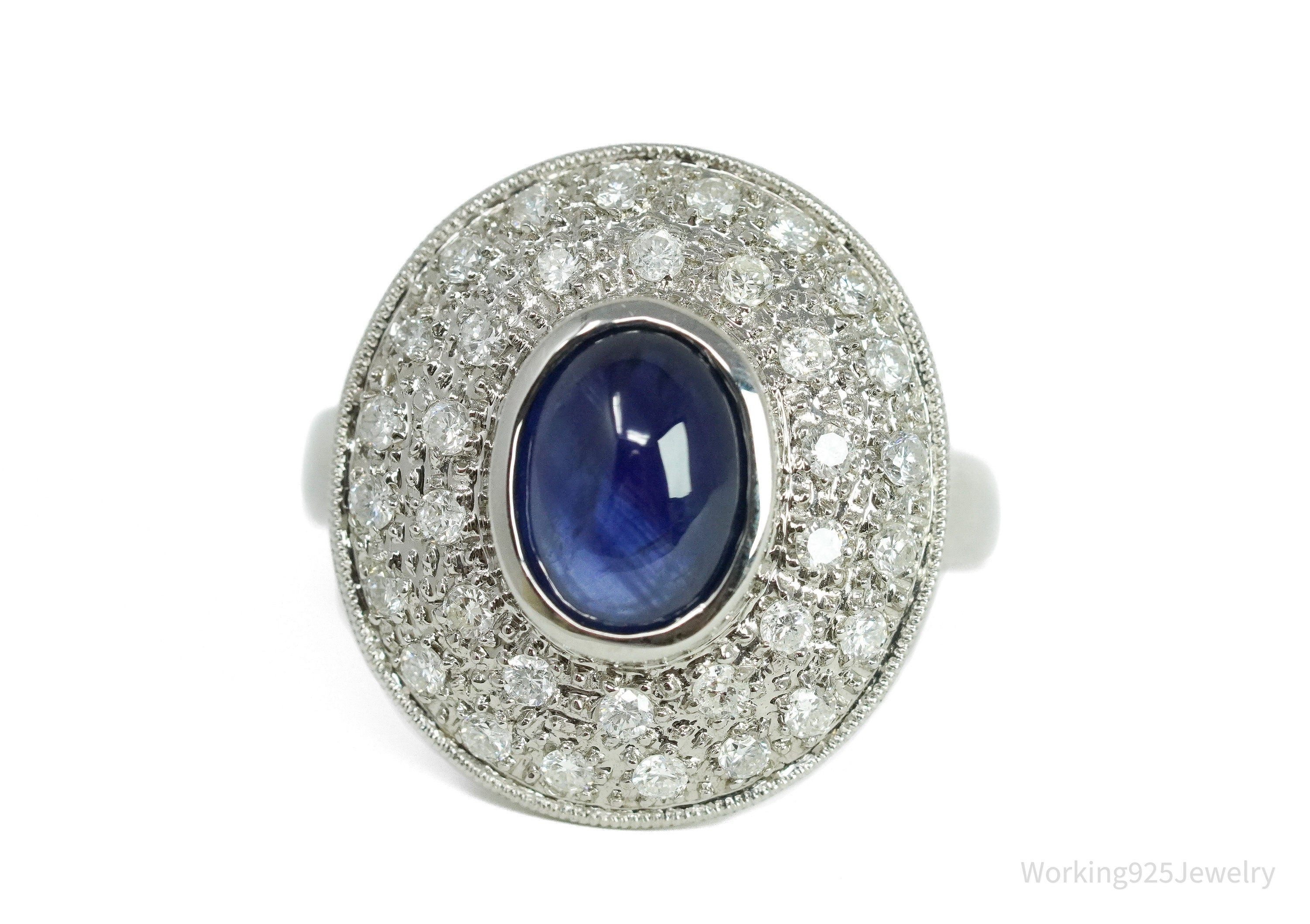 18K White Gold & Natural Sapphire with Diamond Bezel Set Ring - Size 4