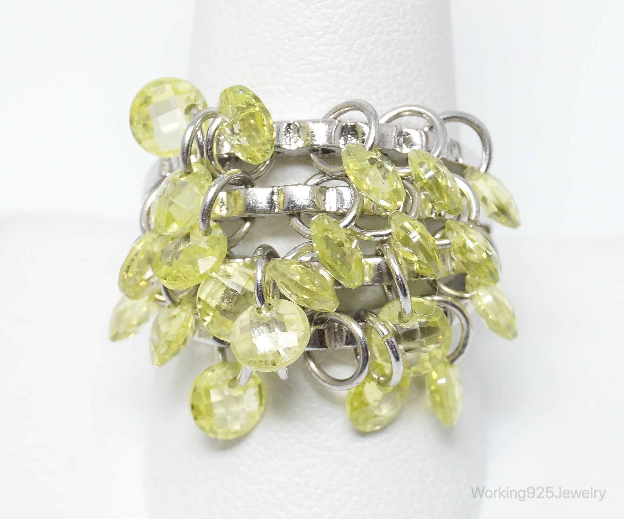 Vintage Peridot Dangling Gem Charms Sterling Silver Ring Size 10