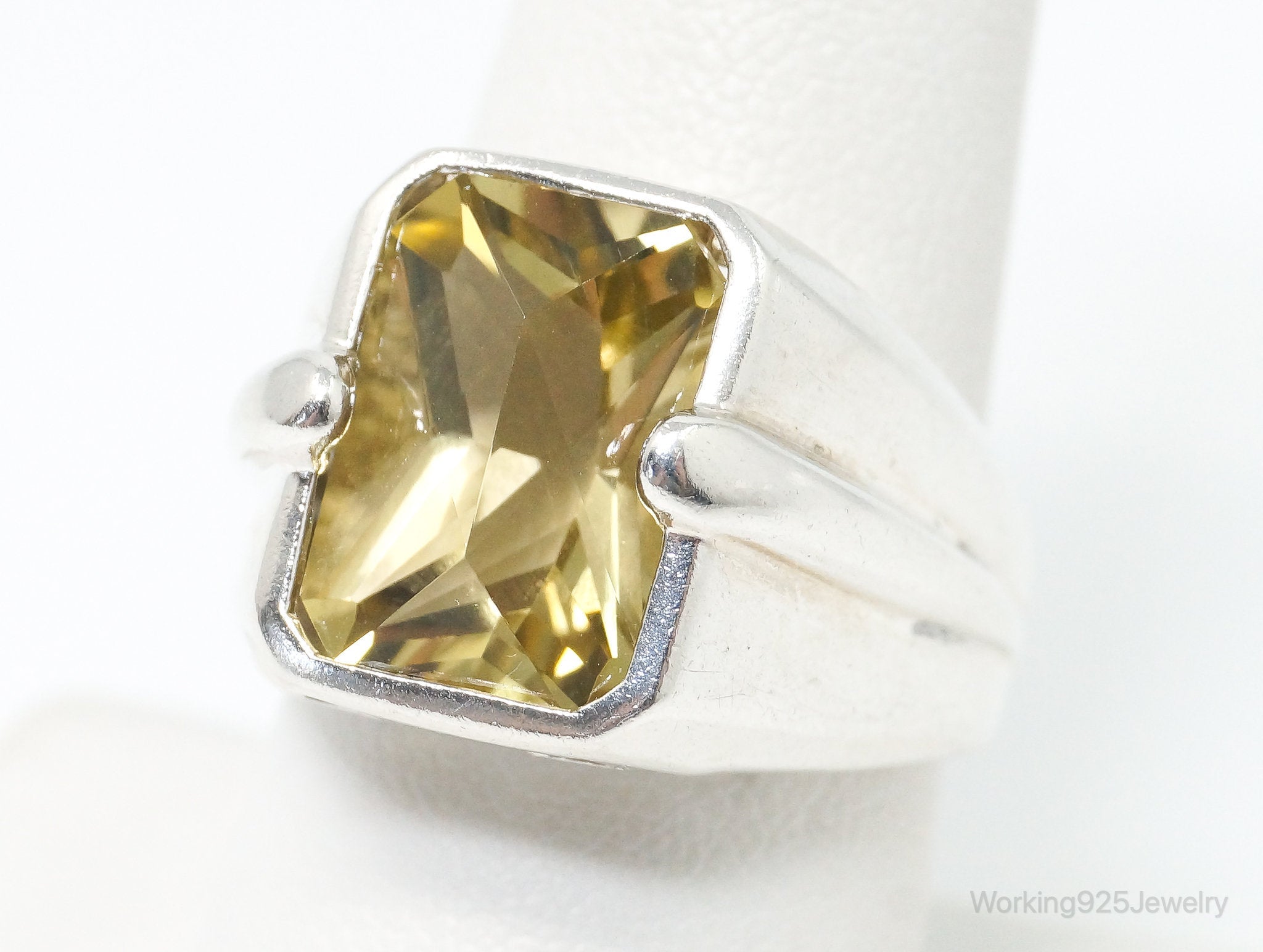 Vintage Art Deco Large Citrine Sterling Silver Ring - Size 8.5