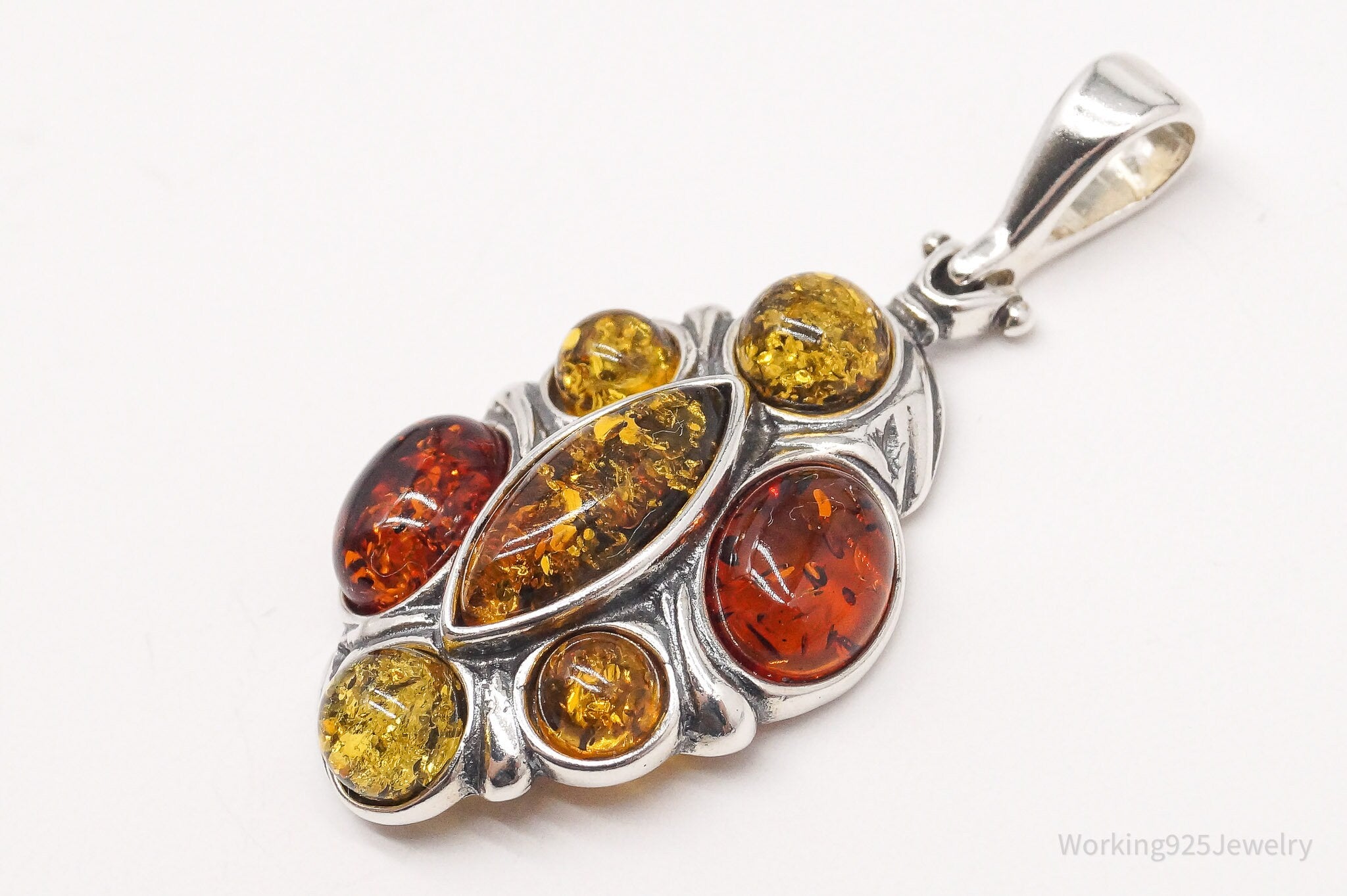 Large Vintage Multi Type Amber Sterling Silver Necklace Pendant