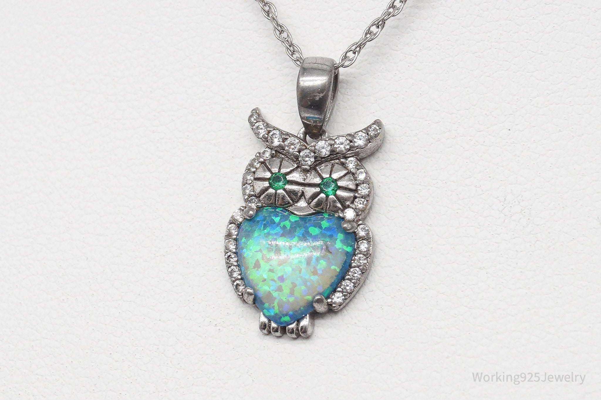 VTG Designer JCM Faux Opal Inlay Cubic Zirconia Sterling Silver Owl Necklace
