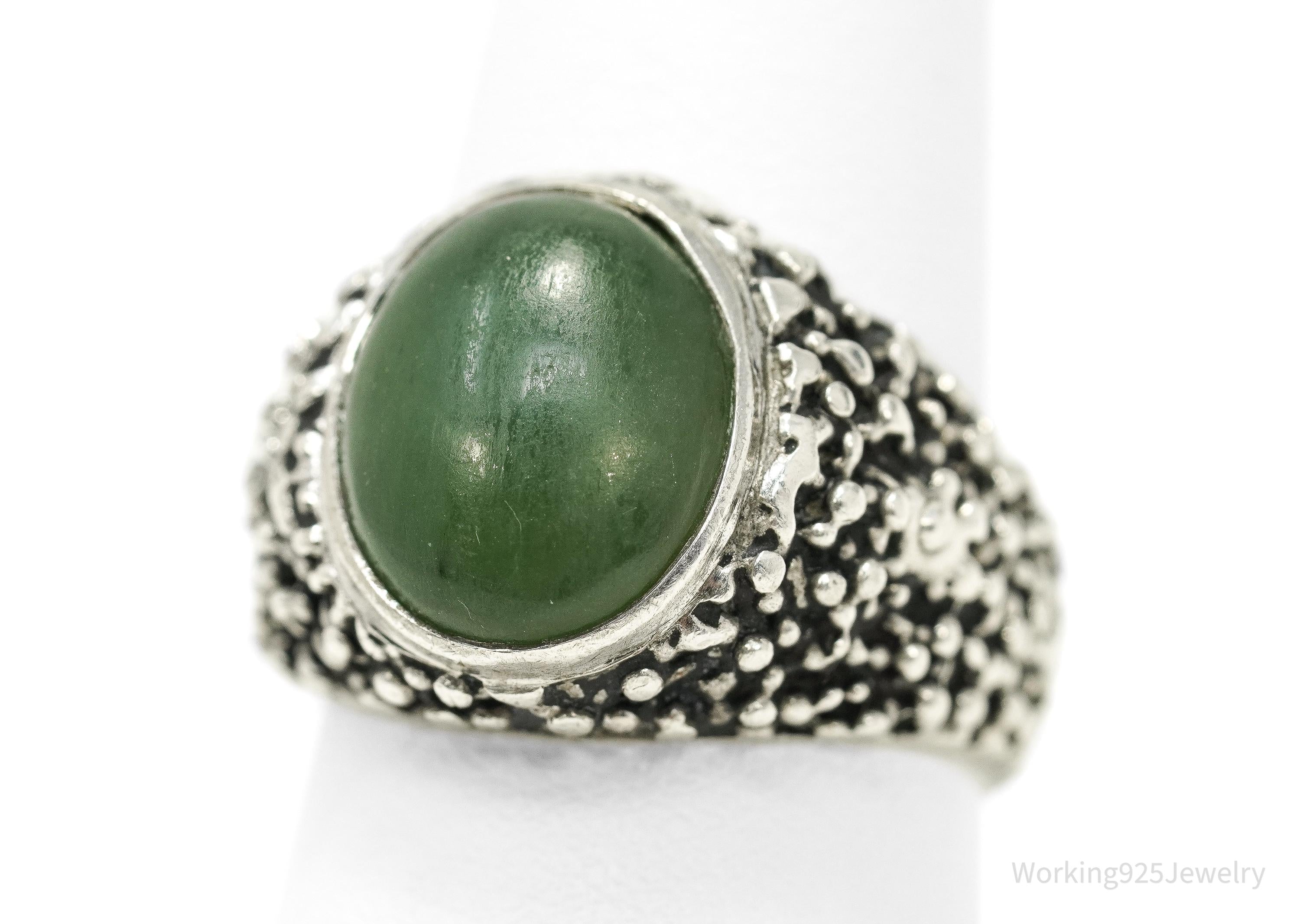 Vintage Jade Brutalist Style Sterling Silver Ring - Size 9.25