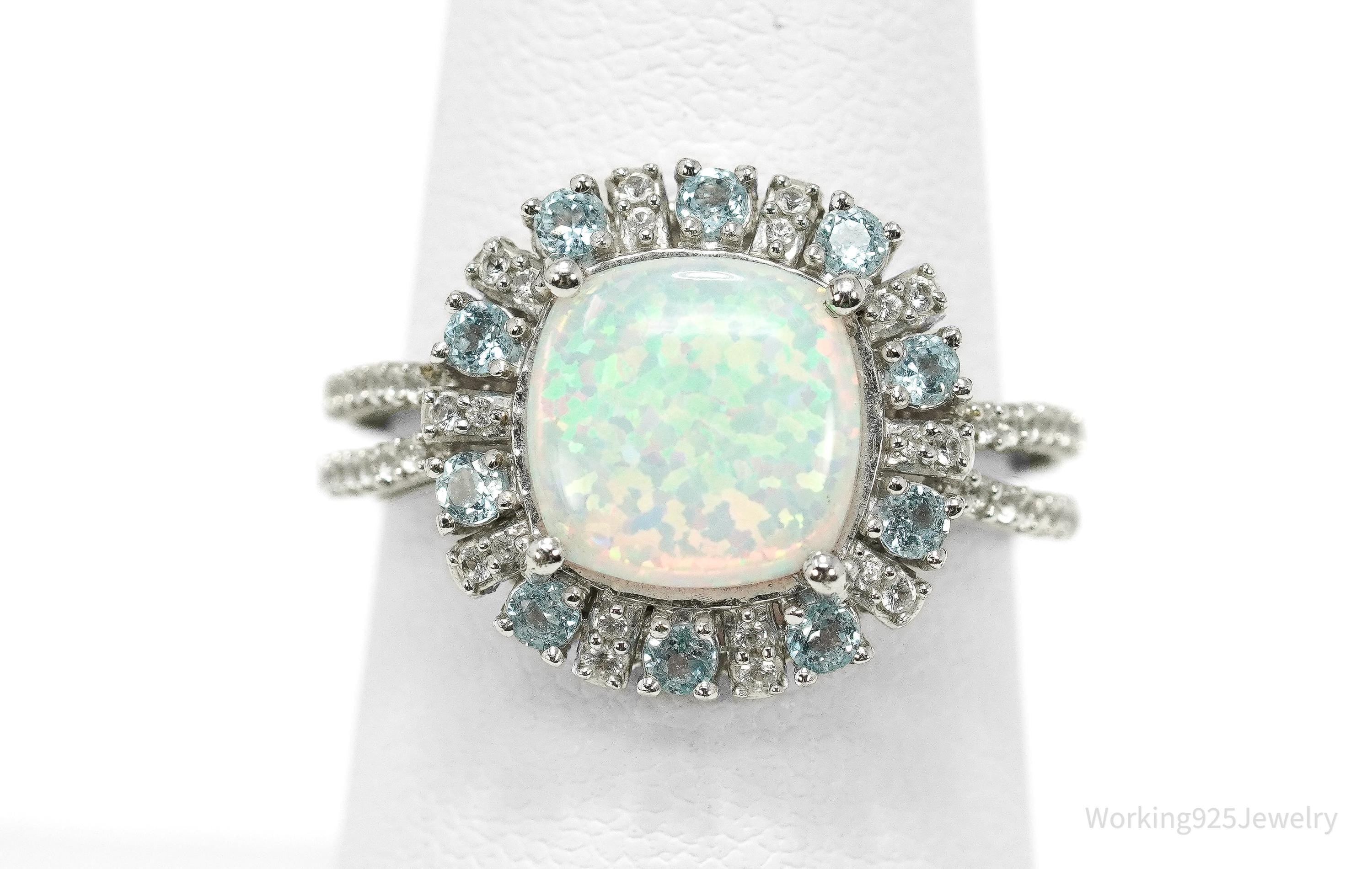 Vintage JWBR Sterling Silver Ring • Opal, Blue Topaz & CZ Cluster Size 7