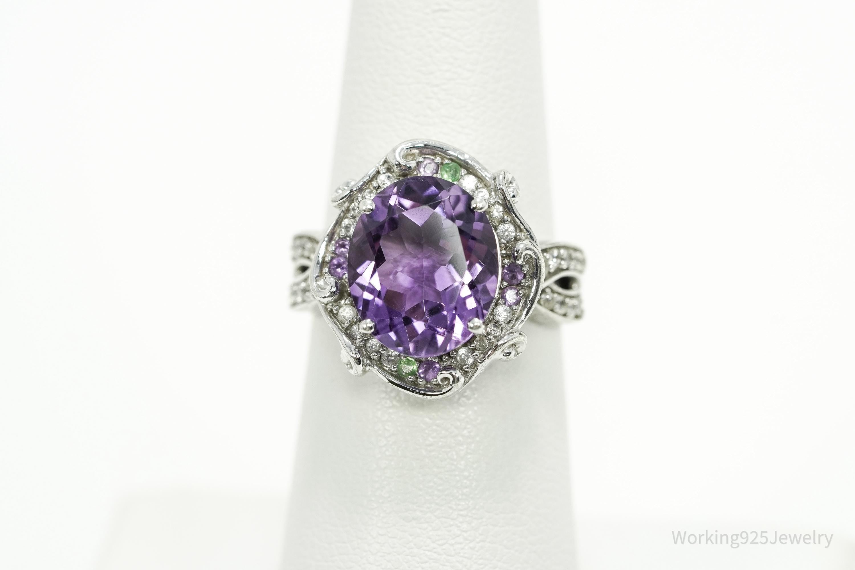 Vintage Amethyst, Cubic Zirconia, & Peridot Sterling Silver Ring - Size 6