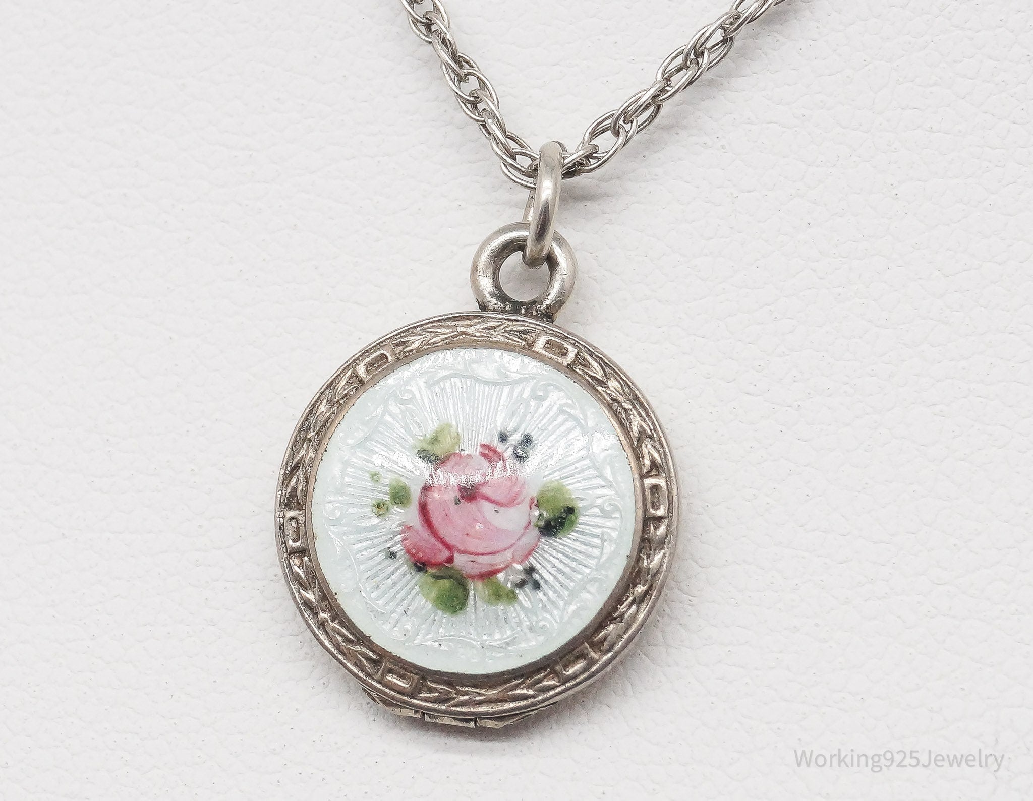 Antique Enamel Rose Locket Gold Washed Sterling Silver Necklace 18"