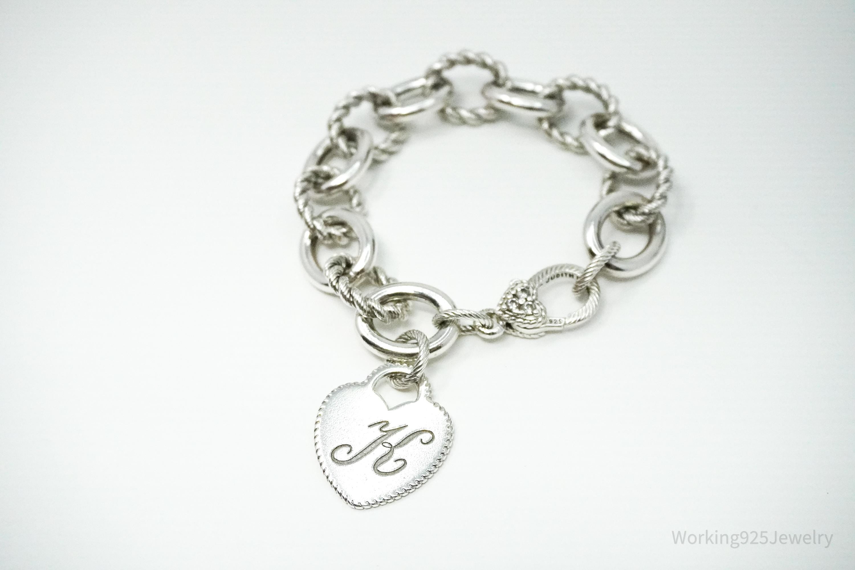 VTG Designer Judith Ripka Cubic Zirconia K Heart Tag Sterling Silver Bracelet 7 5/8"