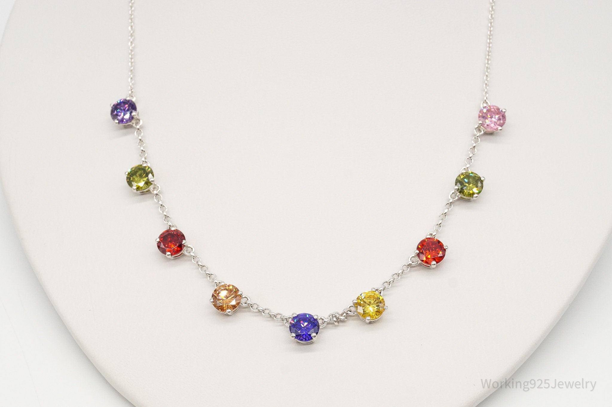Vintage Multi Rainbow Colors Cubic Zirconia Sterling Silver Necklace