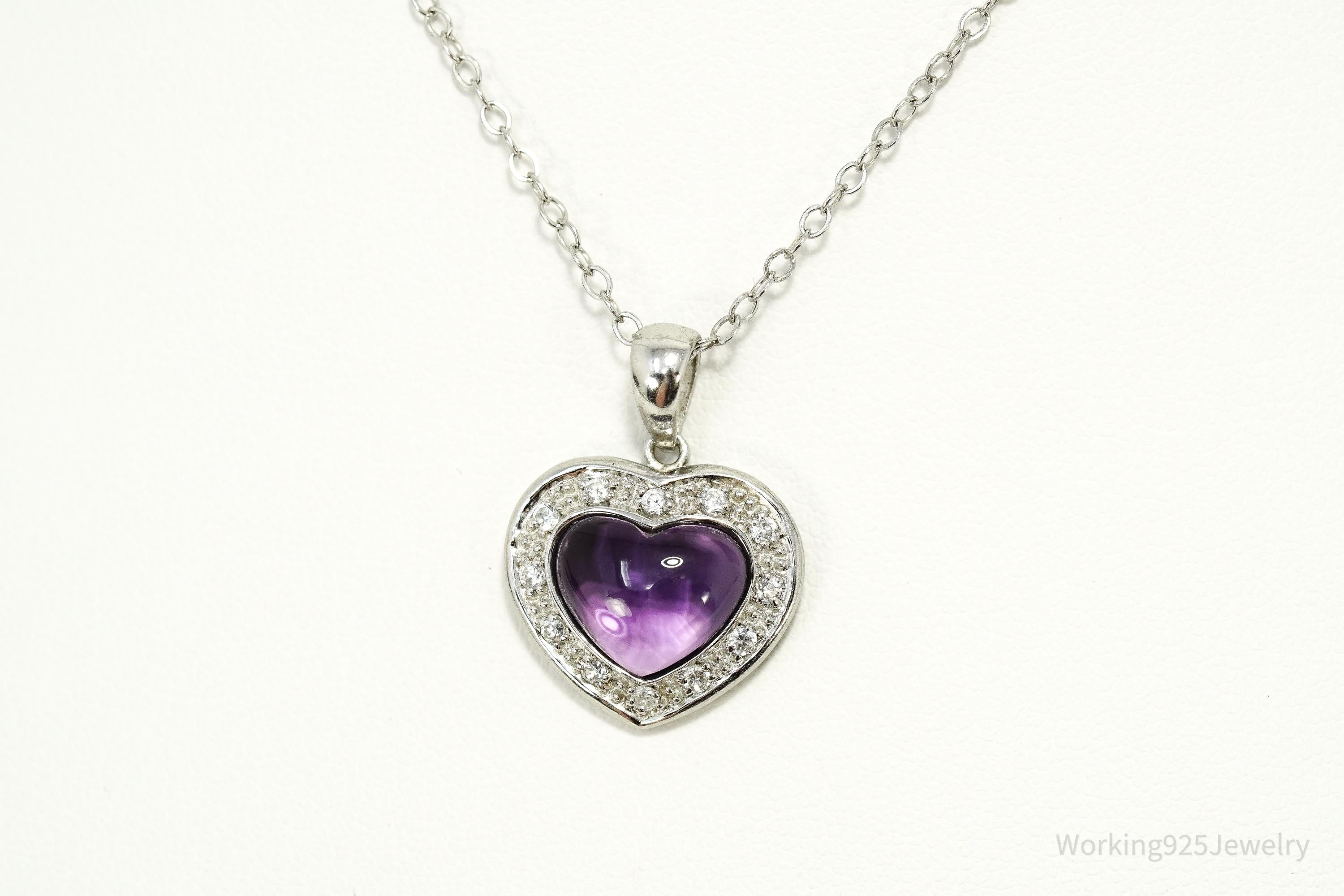 Vintage Amethyst & Cubic Zirconia Sterling Silver Heart Chain Necklace 20"