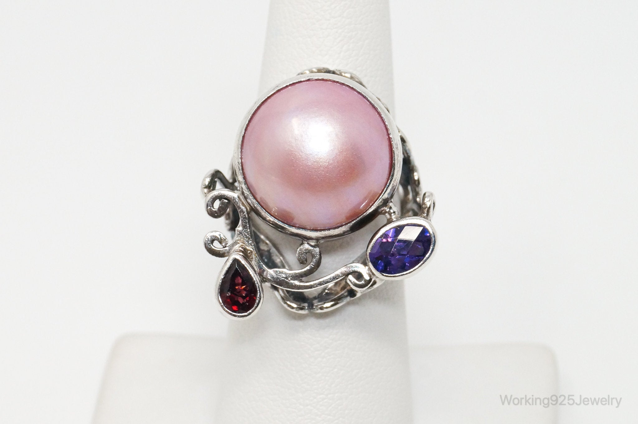 Designer BC Pink Pearl Amethyst Garnet Sterling Silver Statement Ring SZ 6.25