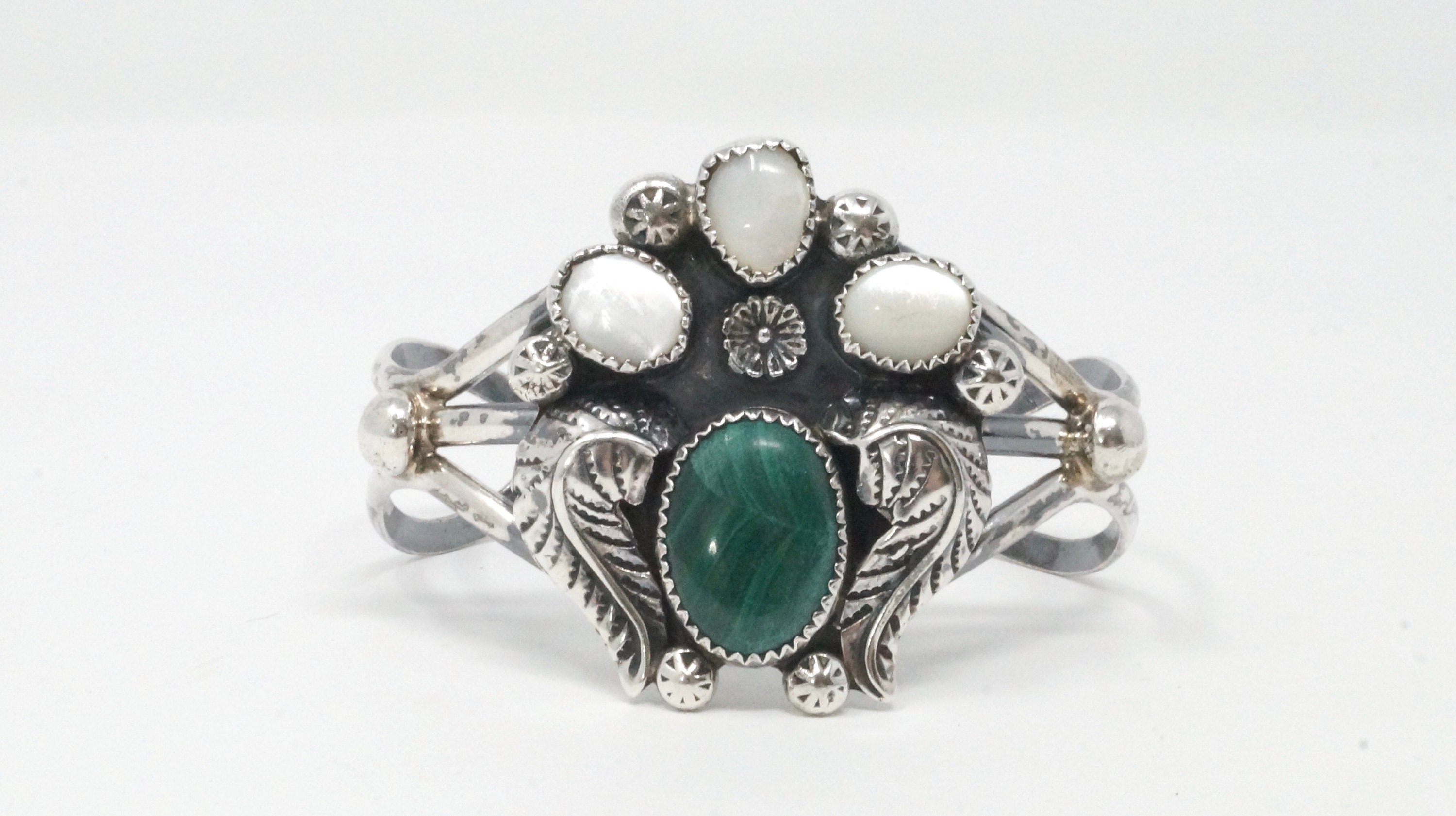 Vintage Malachite Mother of Pearl Sterling Silver Feather Design Cuff Bracelet