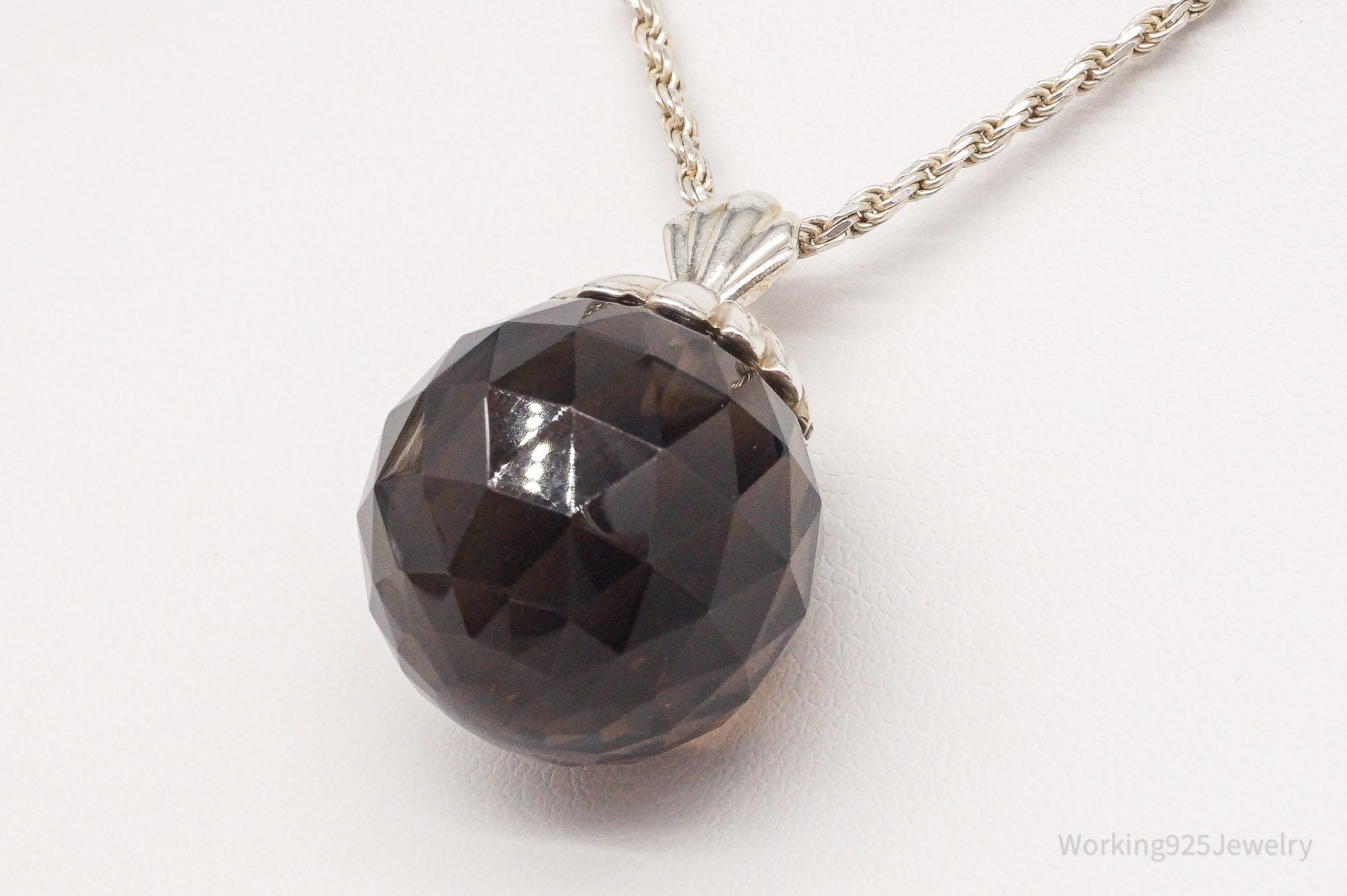 Vintage Large Smoky Topaz Sterling Silver Necklace 18"