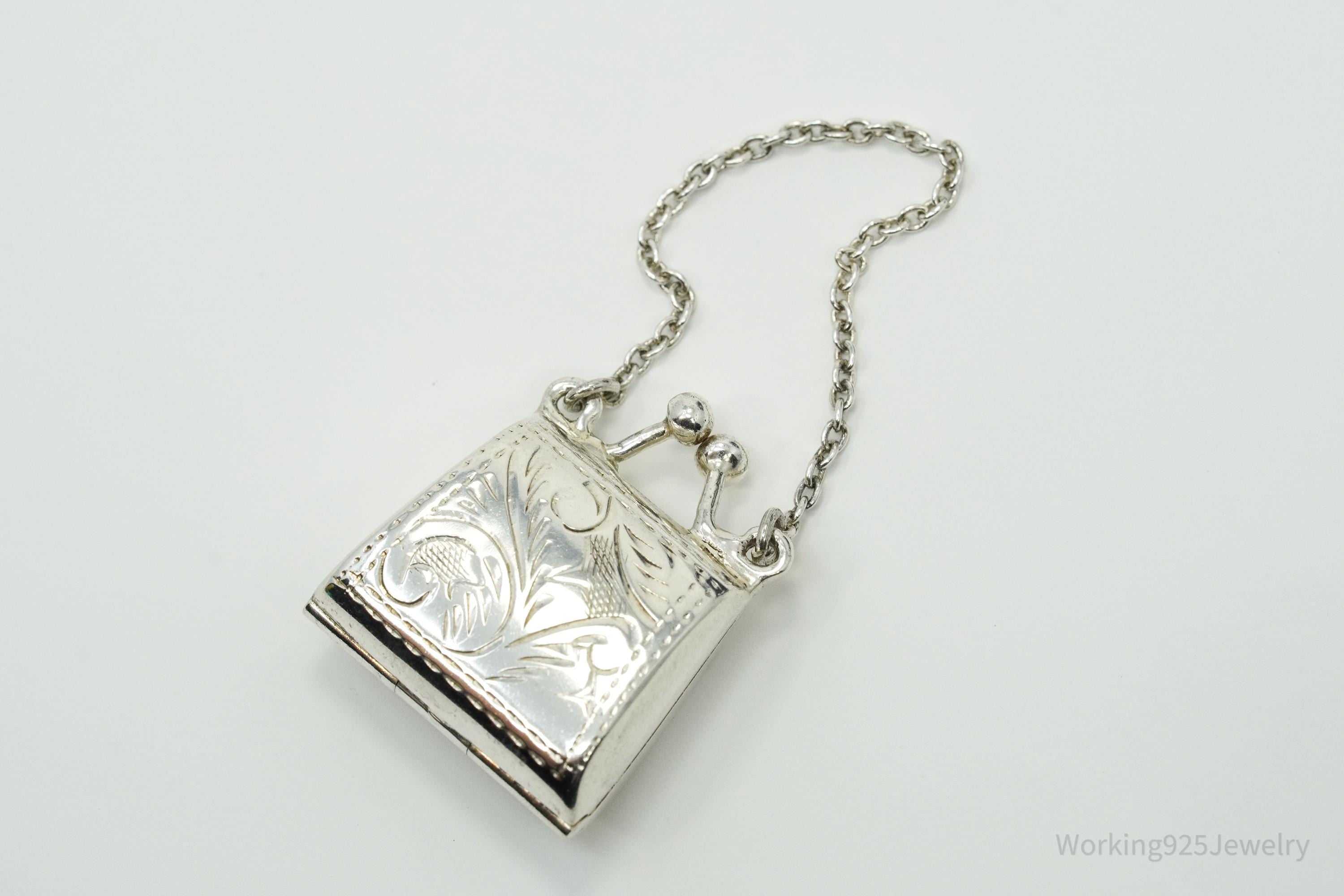 Vintage Purse Bag Locket Etched Sterling Silver Charm Pendant Keychain