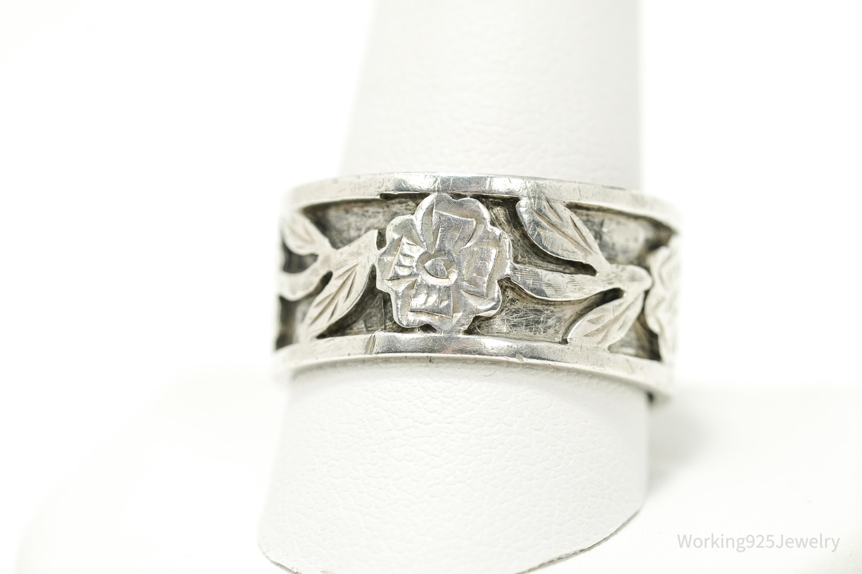 Vintage Mexico Flower Pattern Sterling Silver Ring - Size 12