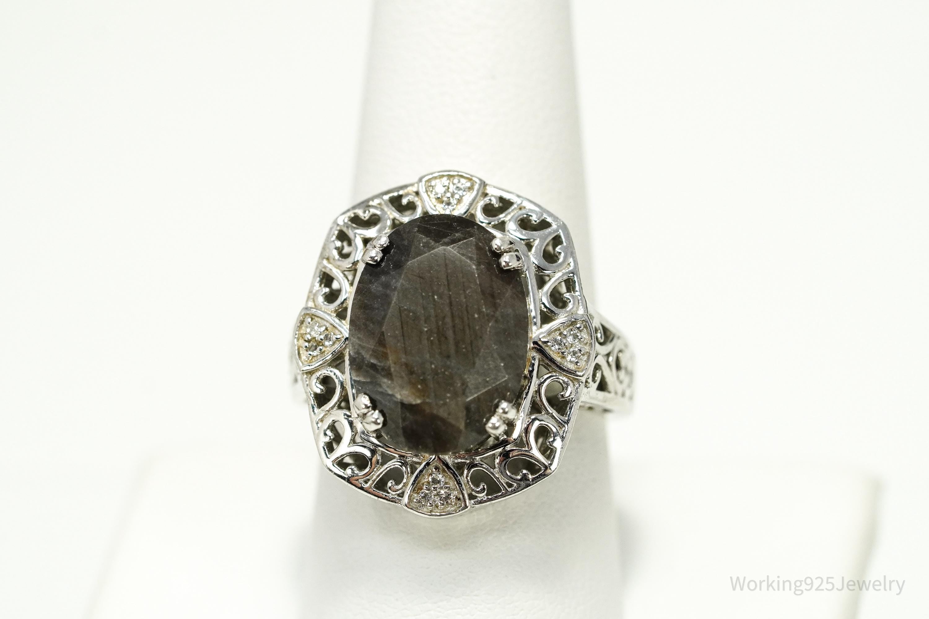 Vintage Grey Brown Stone & White Topaz Sterling Silver Ring - Size 9